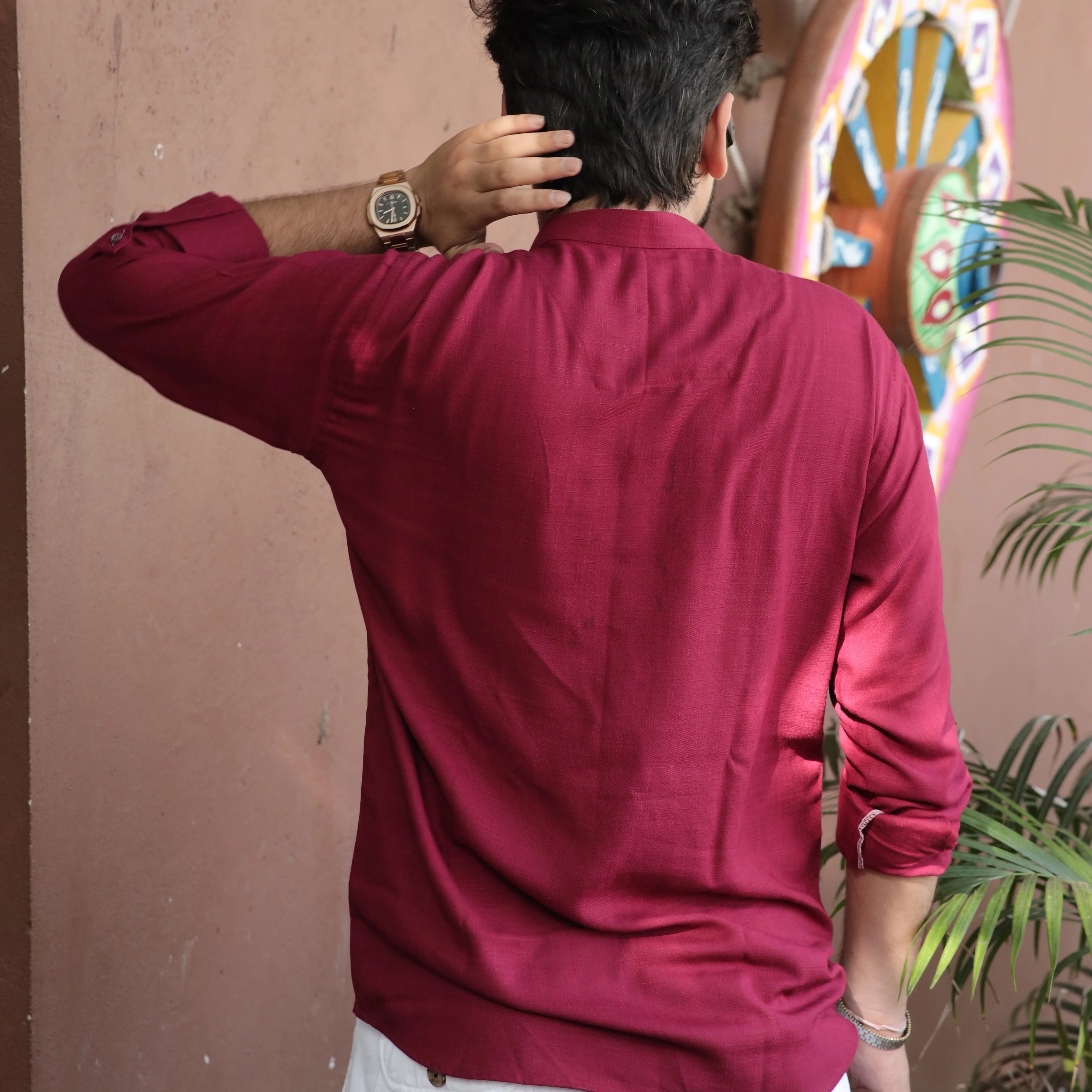 Maroon Fancy Linen Kurta with Band Collar and Roll-Up Sleeves