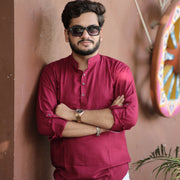 Maroon Fancy Linen Kurta with Band Collar and Roll-Up Sleeves
