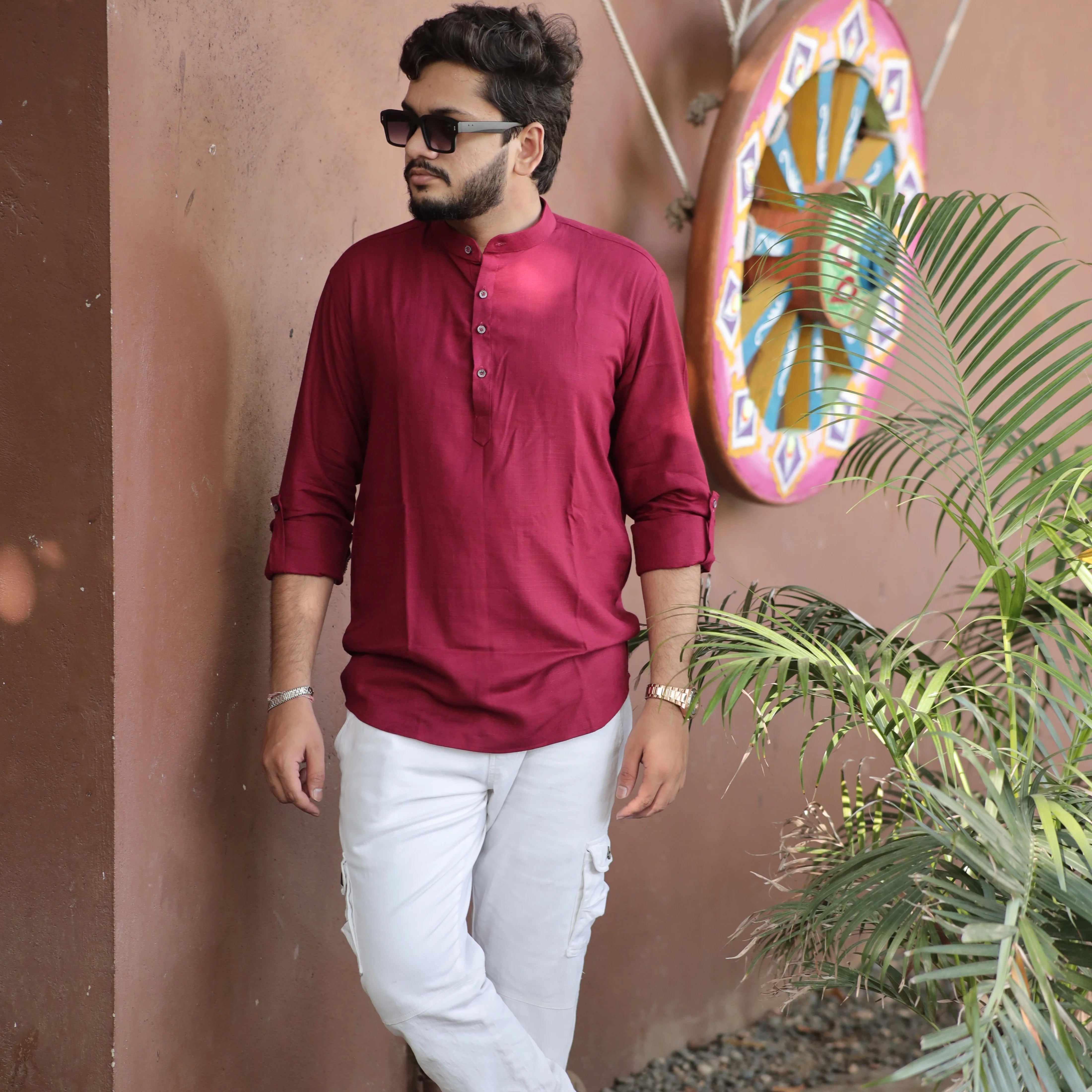 Maroon Fancy Linen Kurta with Band Collar and Roll-Up Sleeves