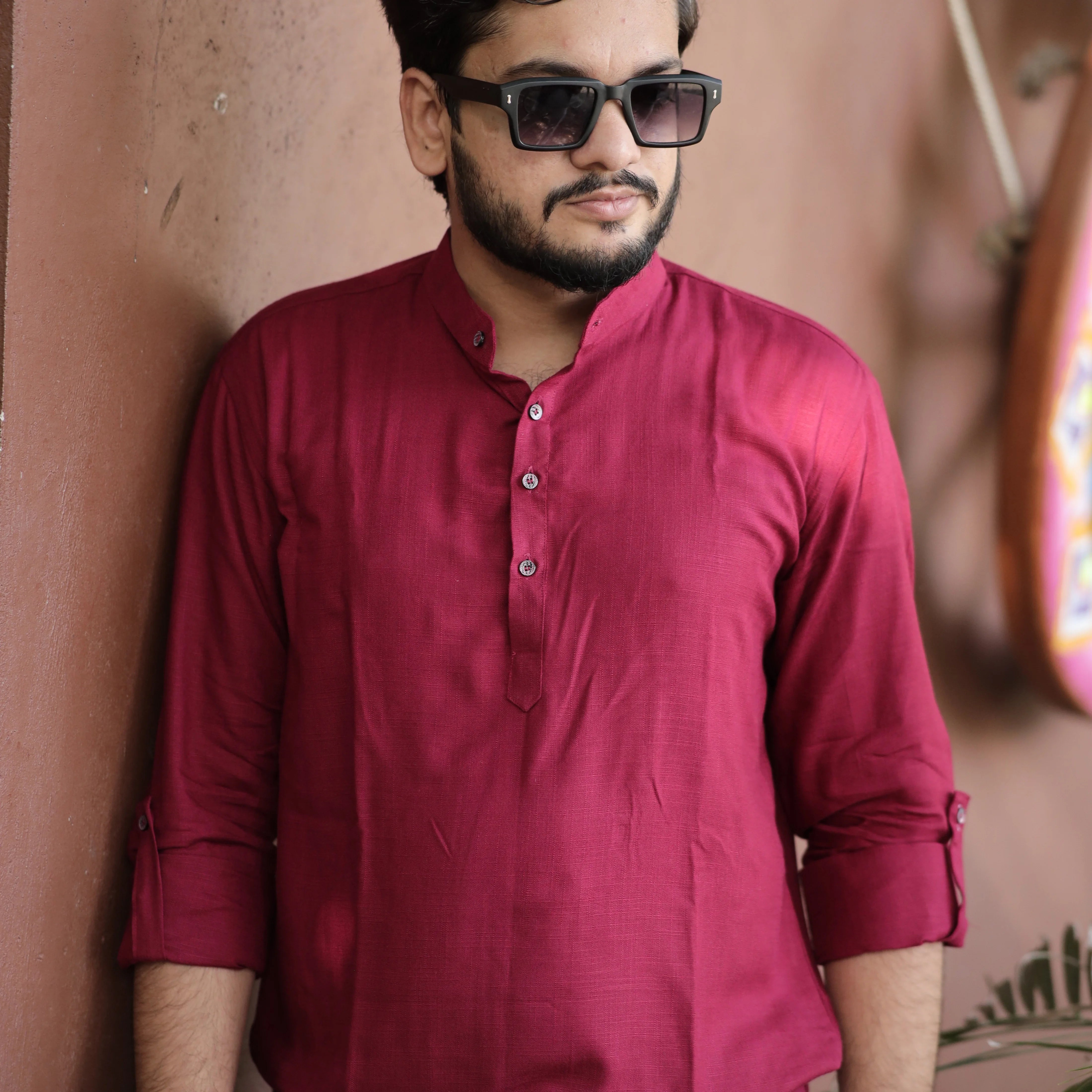 Maroon Fancy Linen Kurta with Band Collar and Roll-Up Sleeves