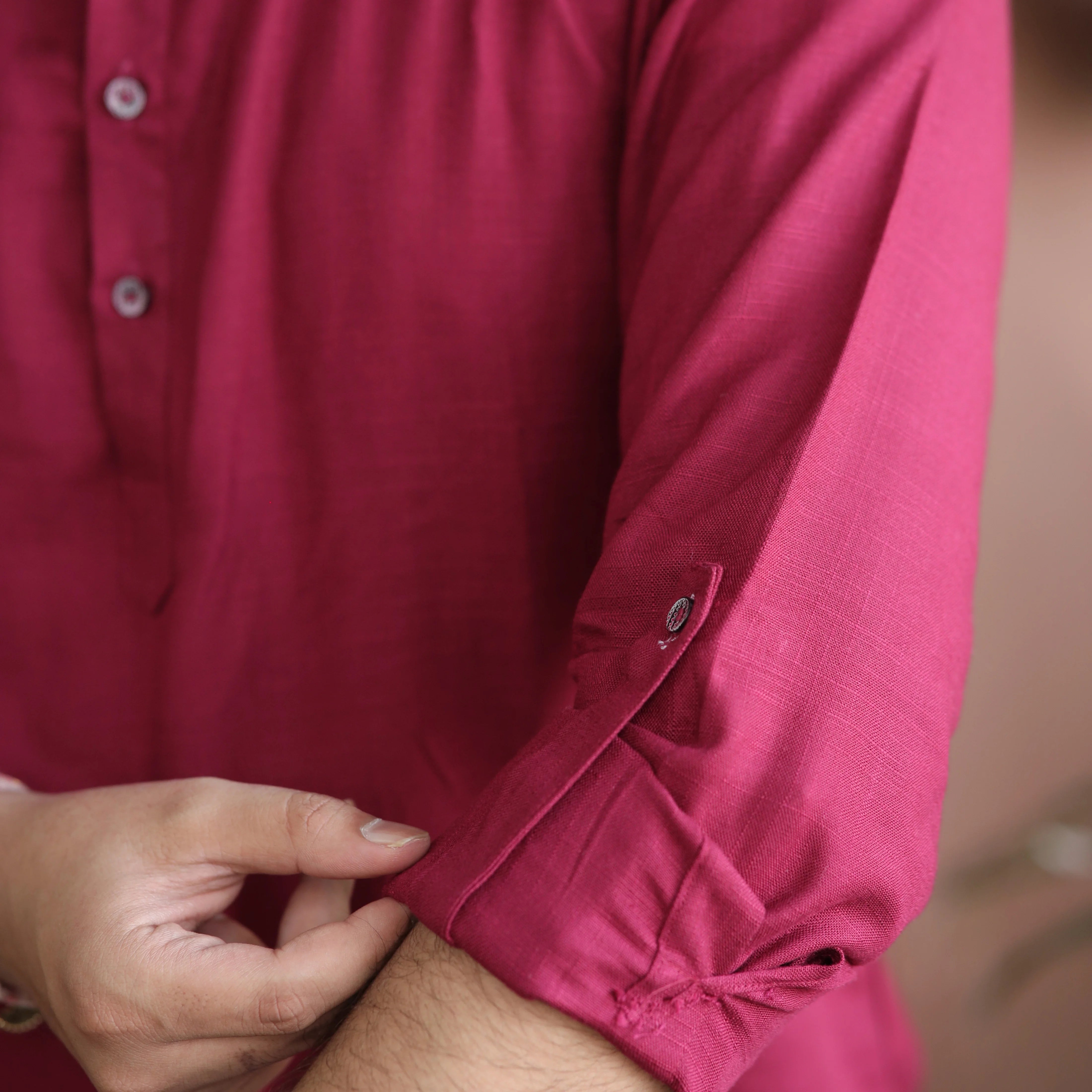 Maroon Fancy Linen Kurta with Band Collar and Roll-Up Sleeves