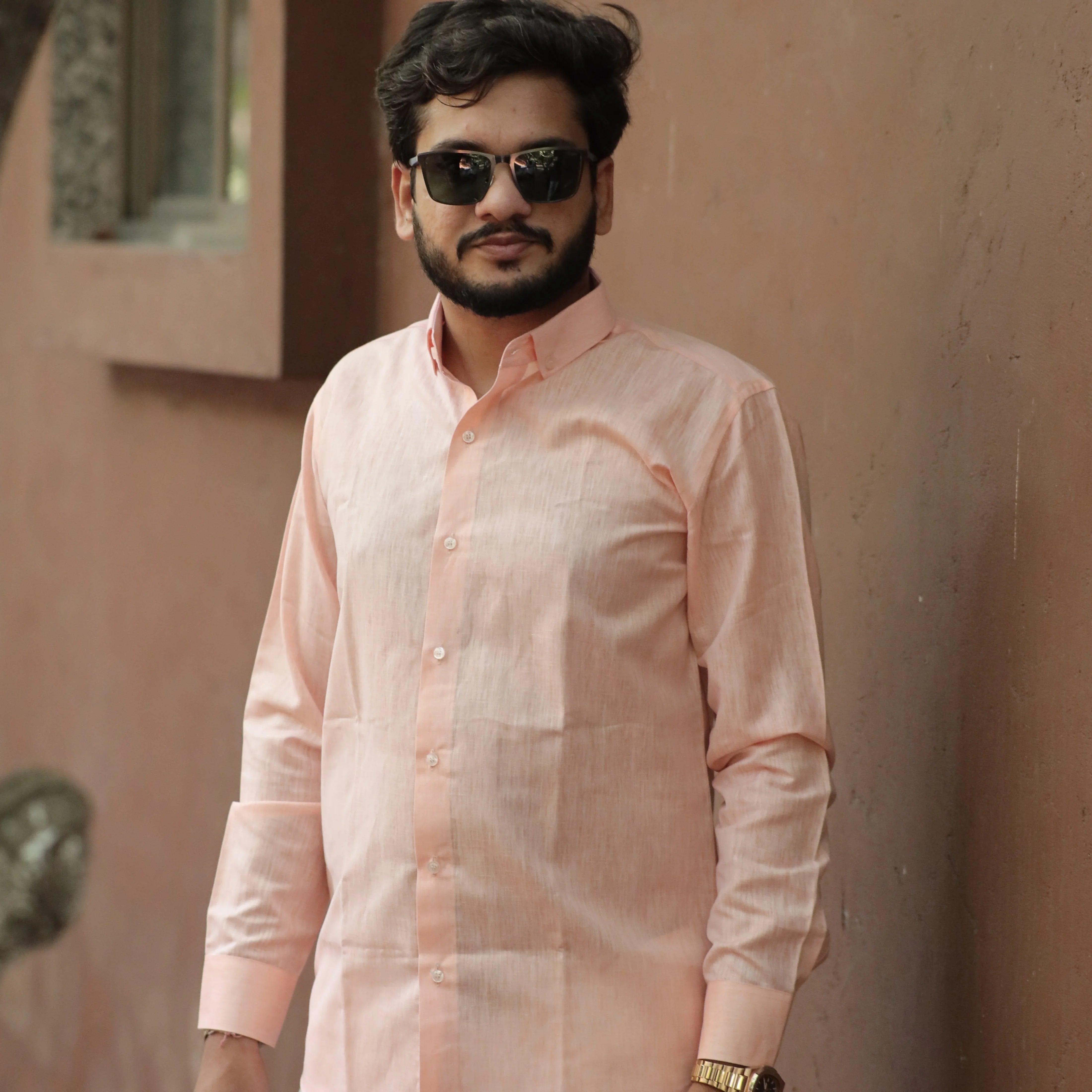 Light Peach Cotton Linen Shirt for Men – Full Sleeve Casual Office Wear