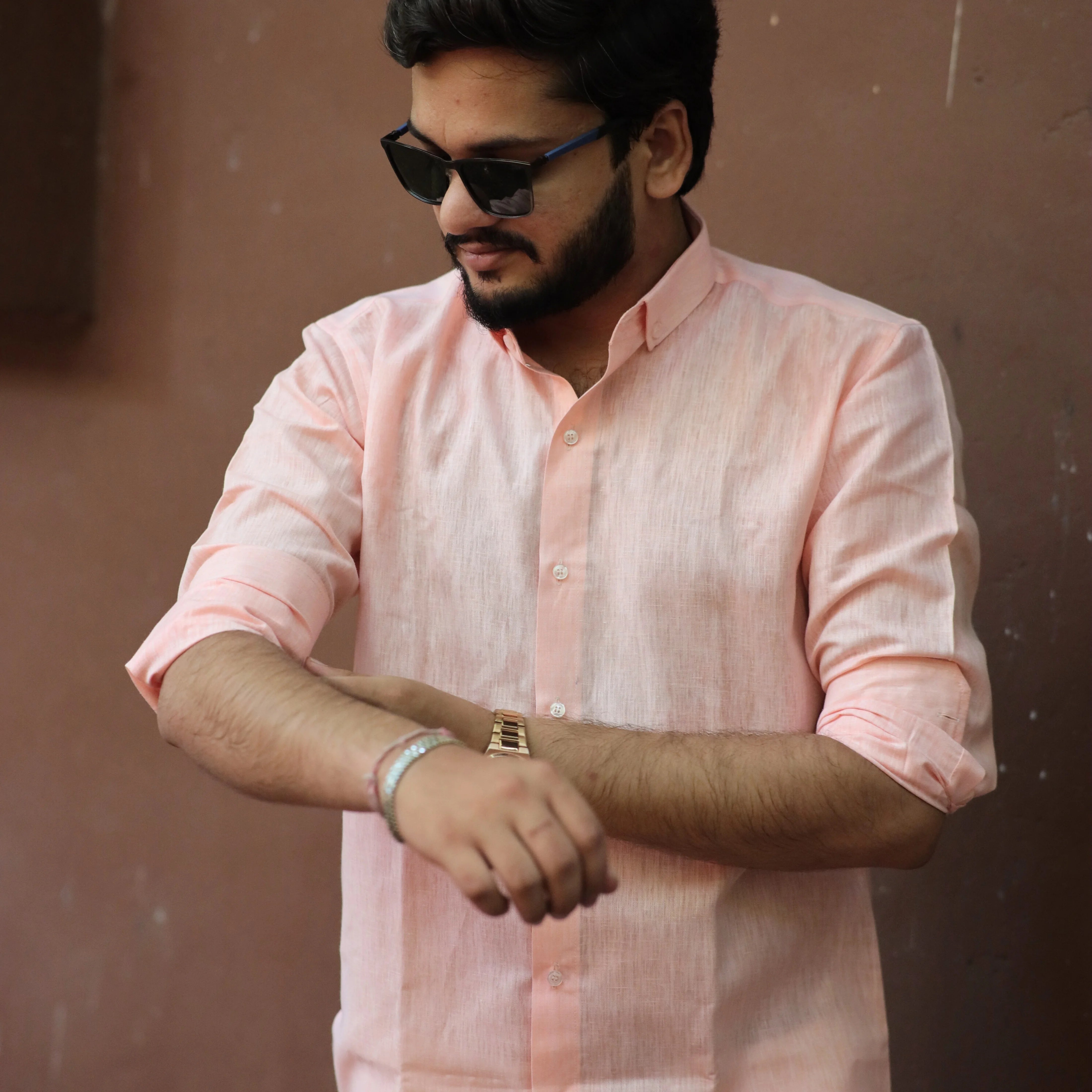 Light Peach Cotton Linen Shirt for Men – Full Sleeve Casual Office Wear