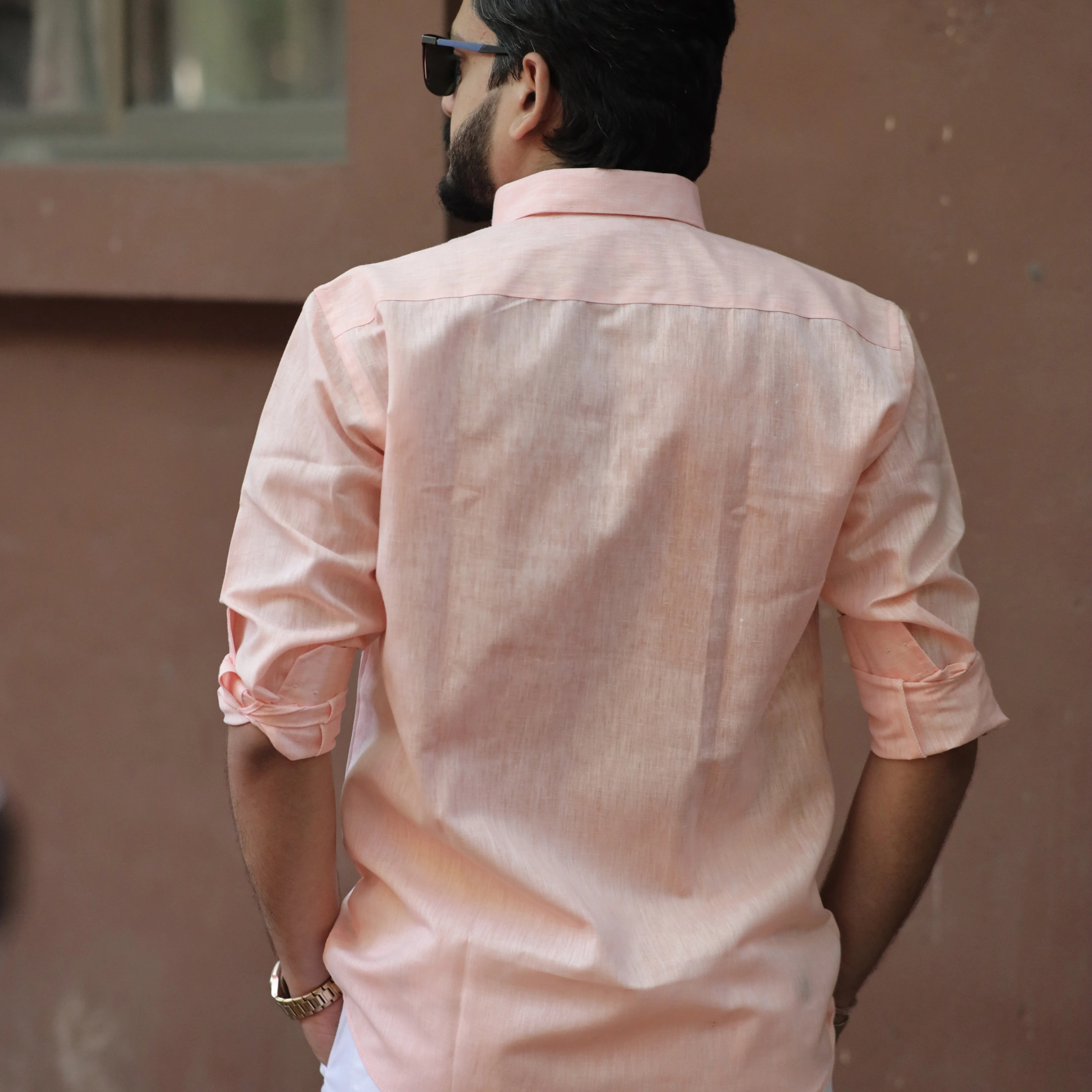 Light Peach Cotton Linen Shirt for Men – Full Sleeve Casual Office Wear