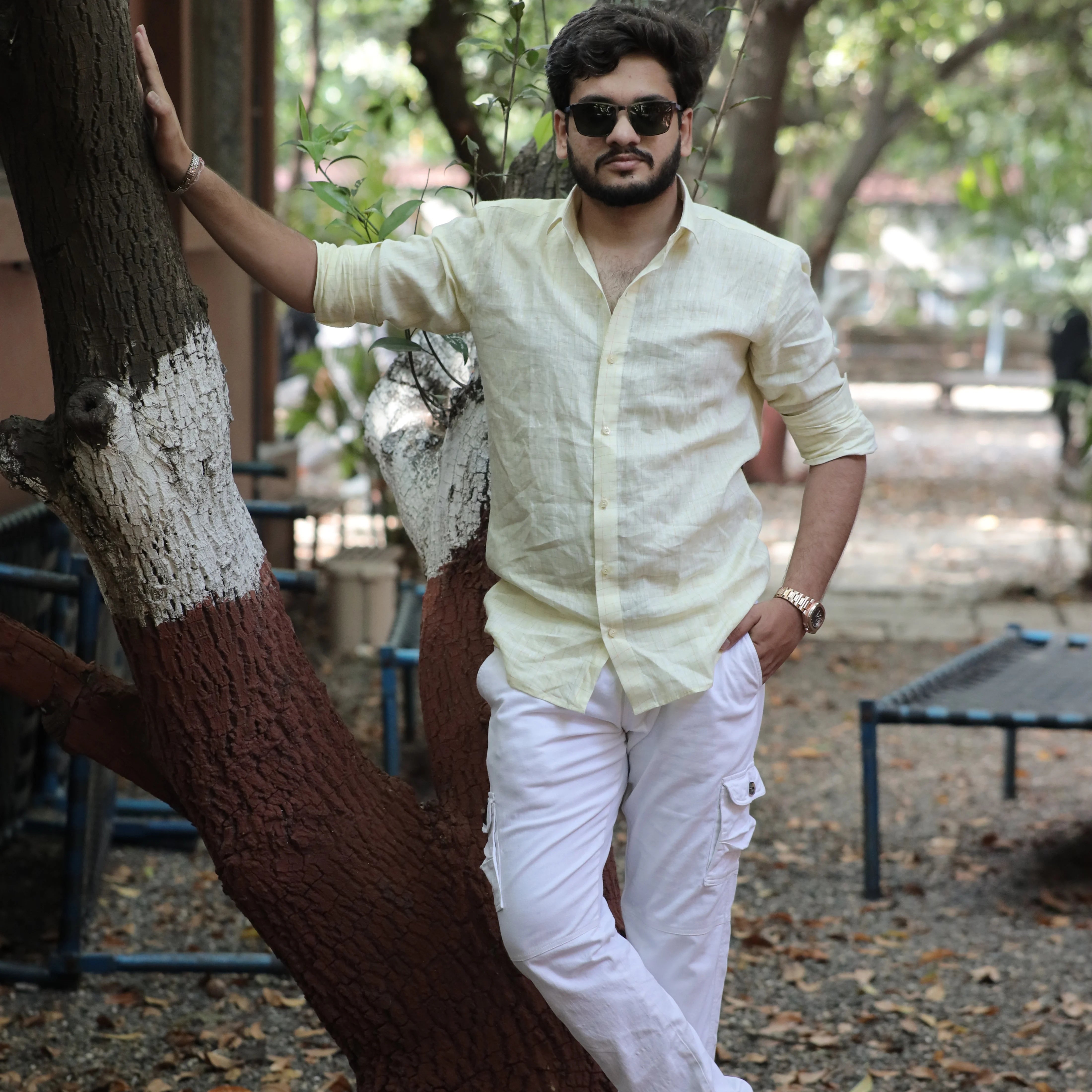 Everyday Light Yellow Linen Check Shirt for Men – Slim Fit Checks Design