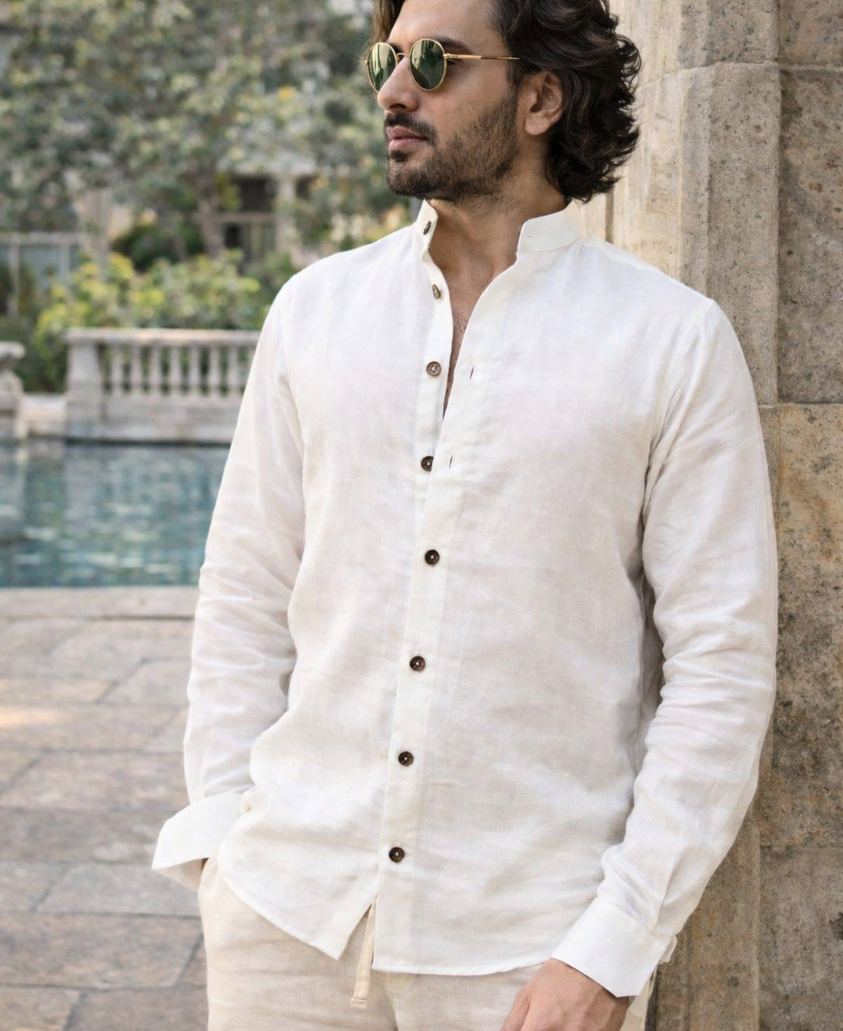 Pure Linen White Shirt With Mandarin Collar and Wooden Button