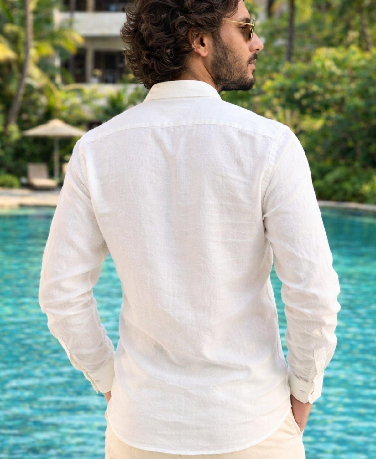 Pure Linen White Shirt With Mandarin Collar and Wooden Button
