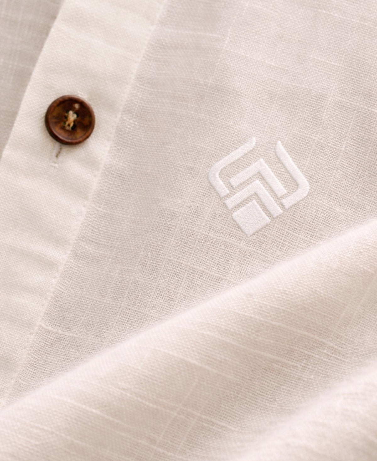 Pure Linen White Shirt With Mandarin Collar and Wooden Button