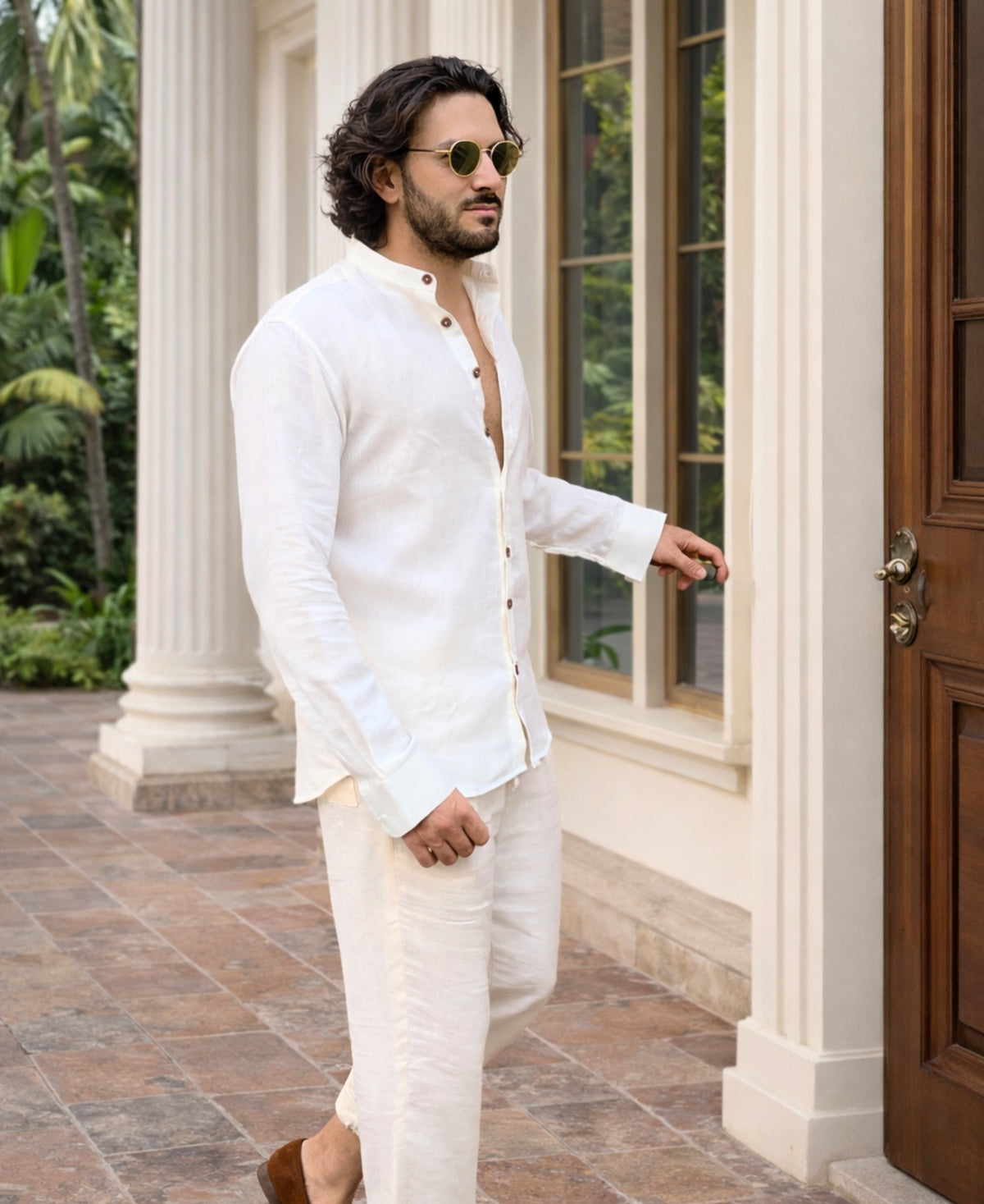 Pure Linen White Shirt With Mandarin Collar and Wooden Button