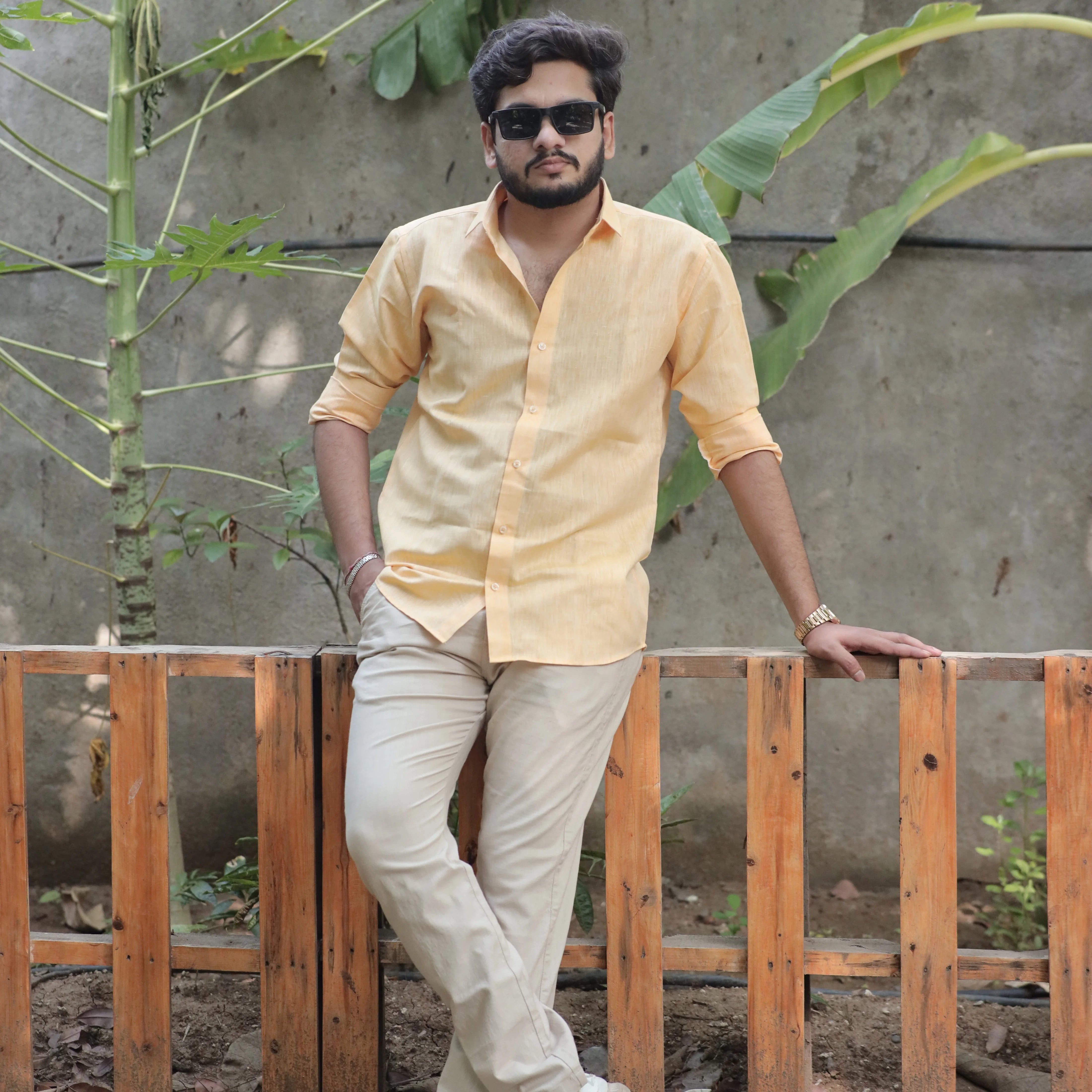Light Orange Cotton Linen Shirt – Relaxed Fit, Full Sleeve, Spread Collar