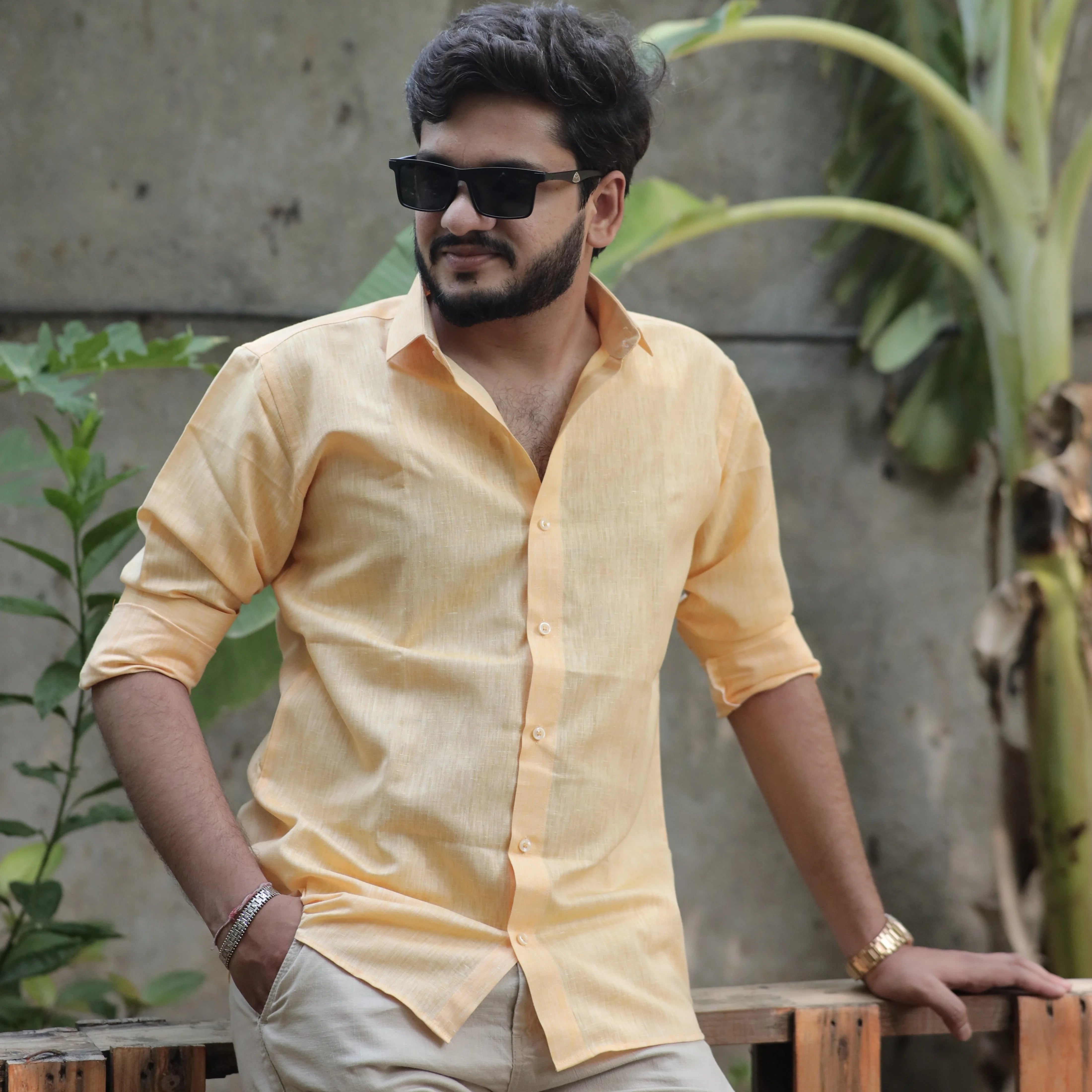 Light Orange Cotton Linen Shirt – Relaxed Fit, Full Sleeve, Spread Collar