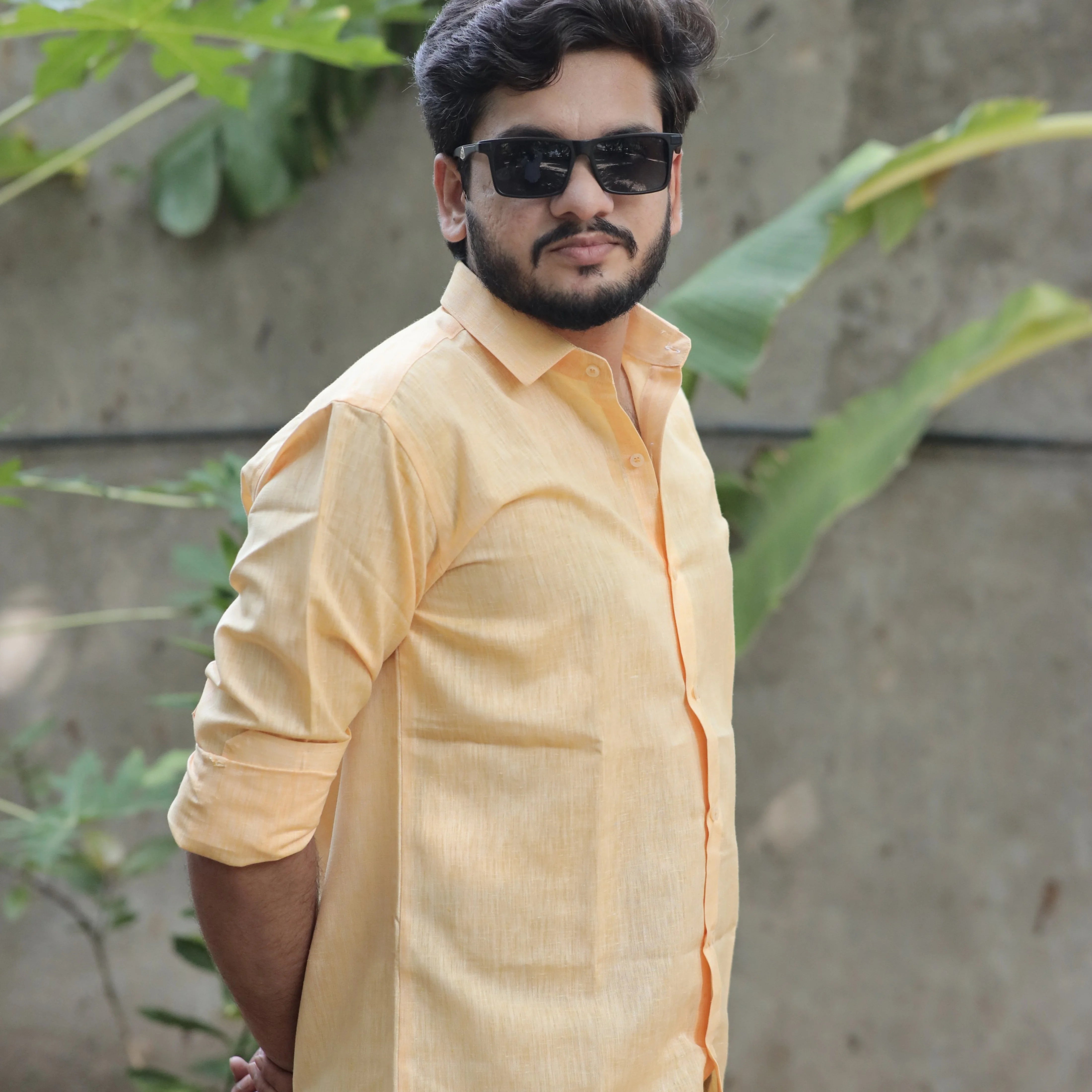 Light Orange Cotton Linen Shirt – Relaxed Fit, Full Sleeve, Spread Collar