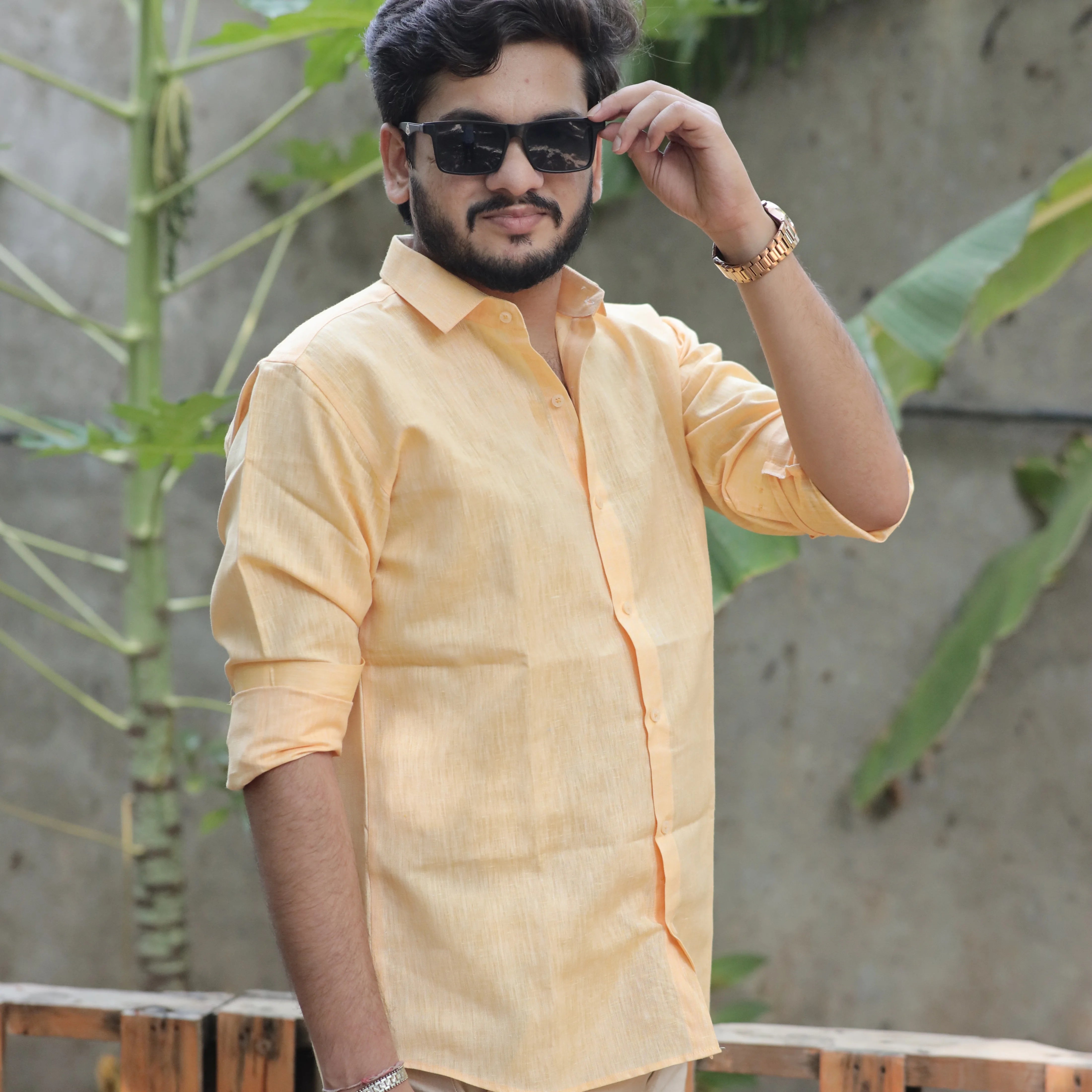 Light Orange Cotton Linen Shirt – Relaxed Fit, Full Sleeve, Spread Collar