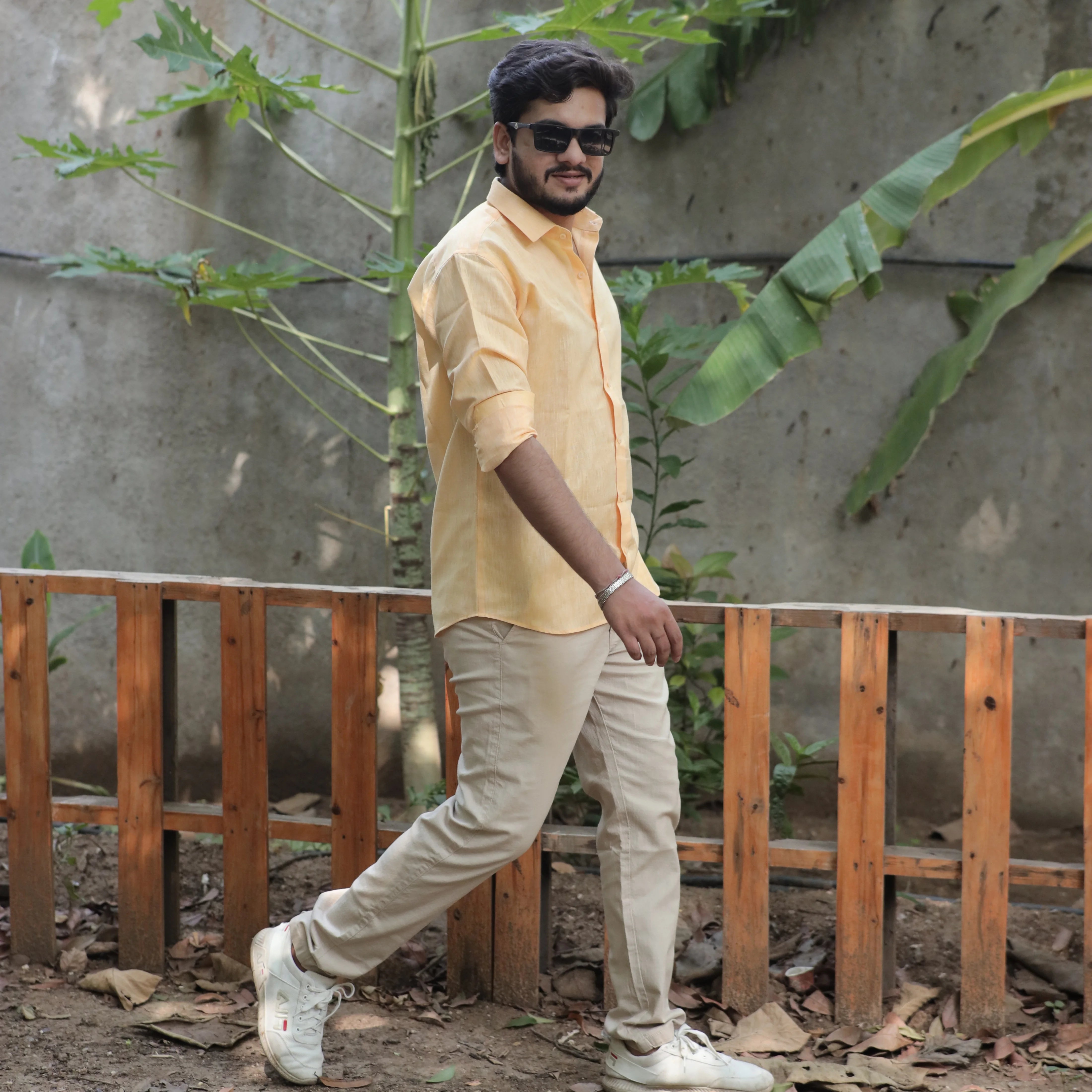 Light Orange Cotton Linen Shirt – Relaxed Fit, Full Sleeve, Spread Collar