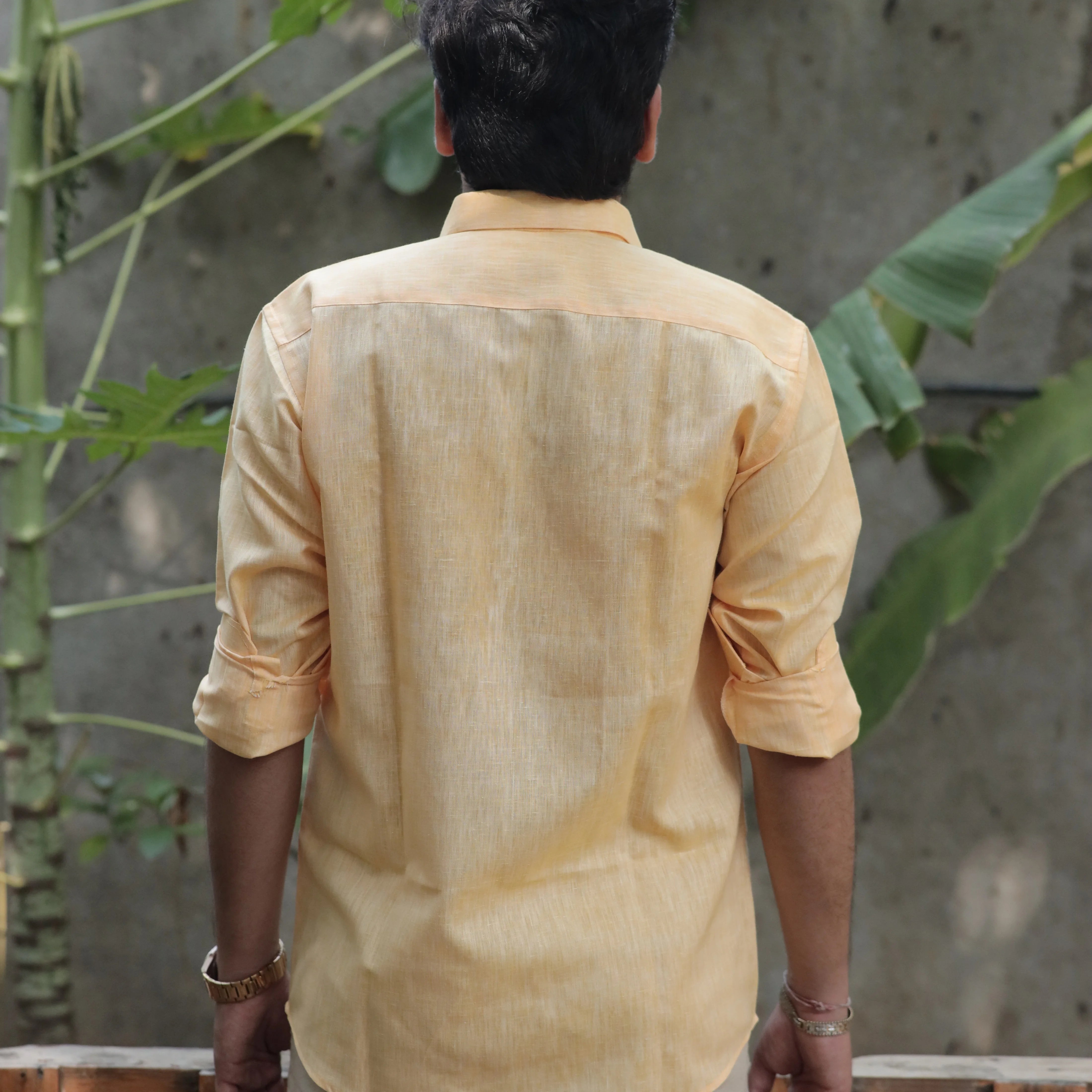 Light Orange Cotton Linen Shirt – Relaxed Fit, Full Sleeve, Spread Collar