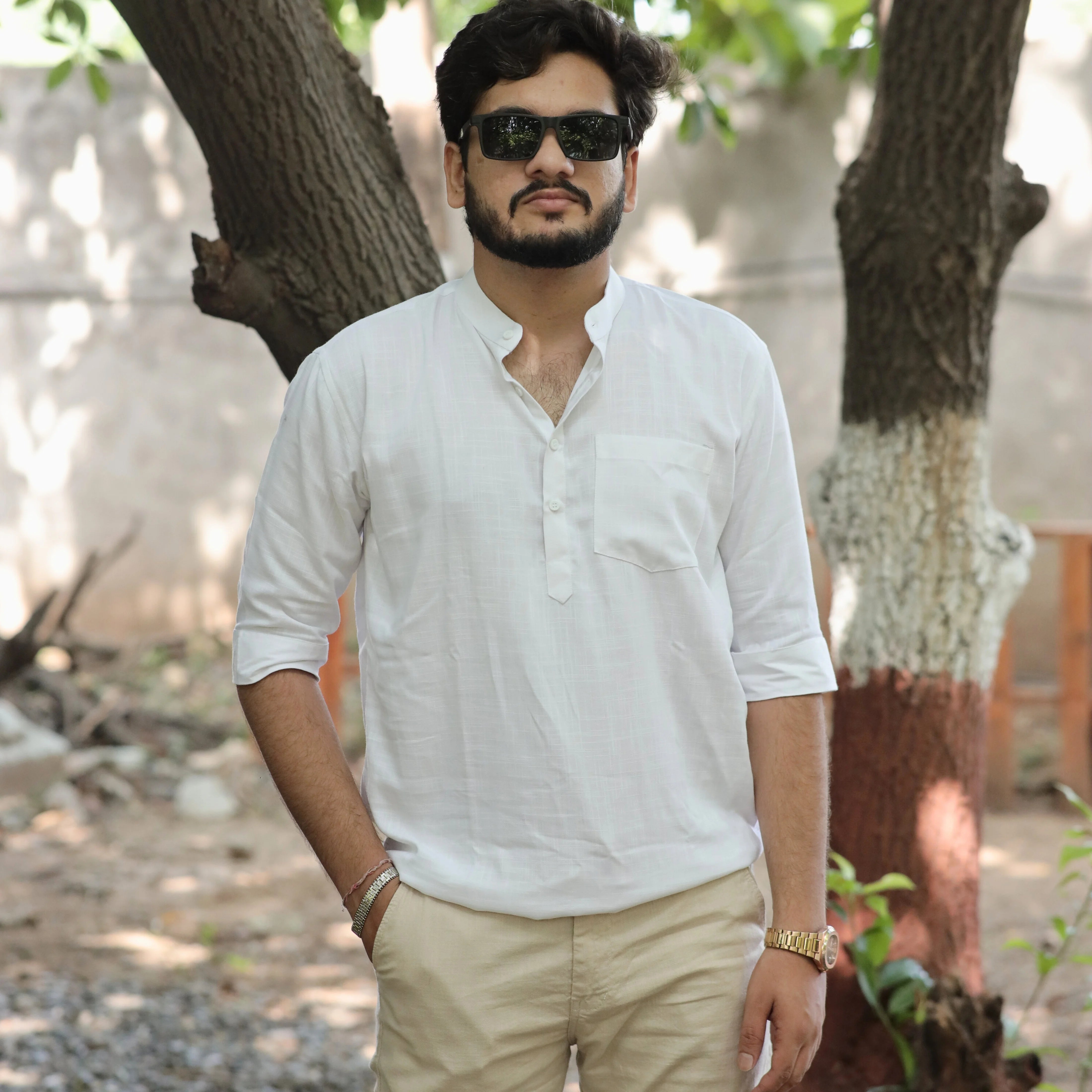 White Fancy Linen Dyed Kurta for Men with Band Collar & Pocket