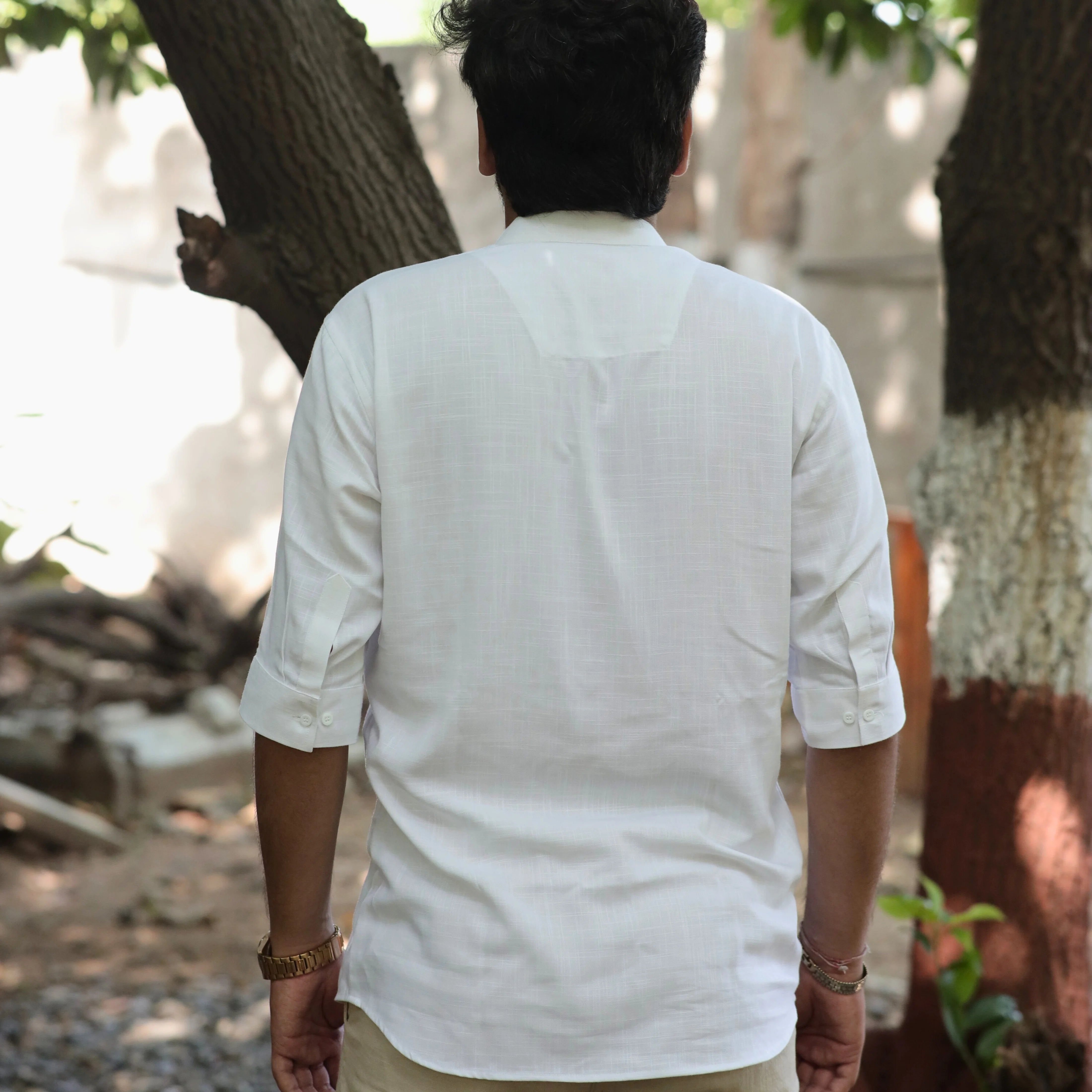 White Fancy Linen Dyed Kurta for Men with Band Collar & Pocket