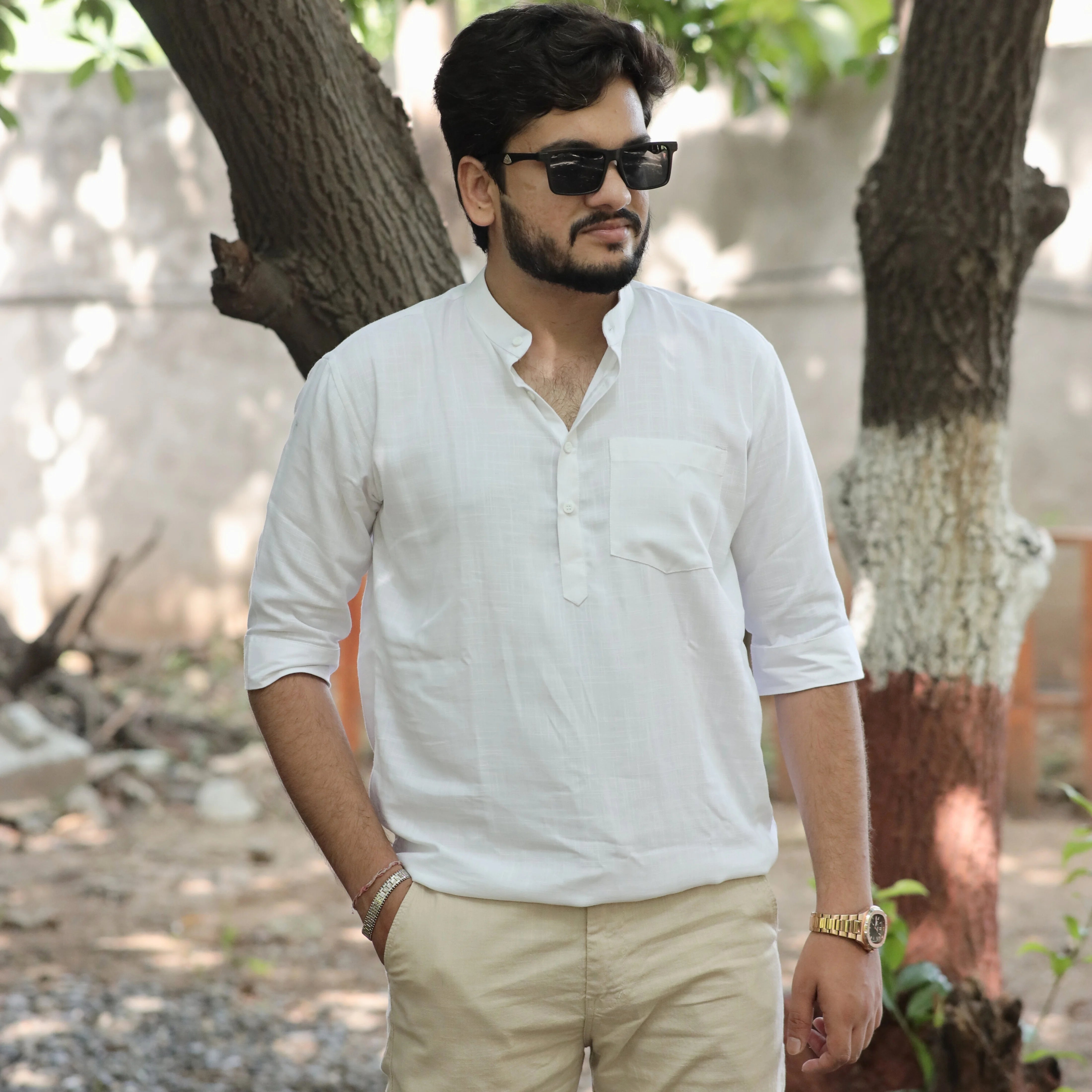 White Fancy Linen Dyed Kurta for Men with Band Collar & Pocket