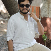 White Fancy Linen Dyed Kurta for Men with Band Collar & Pocket