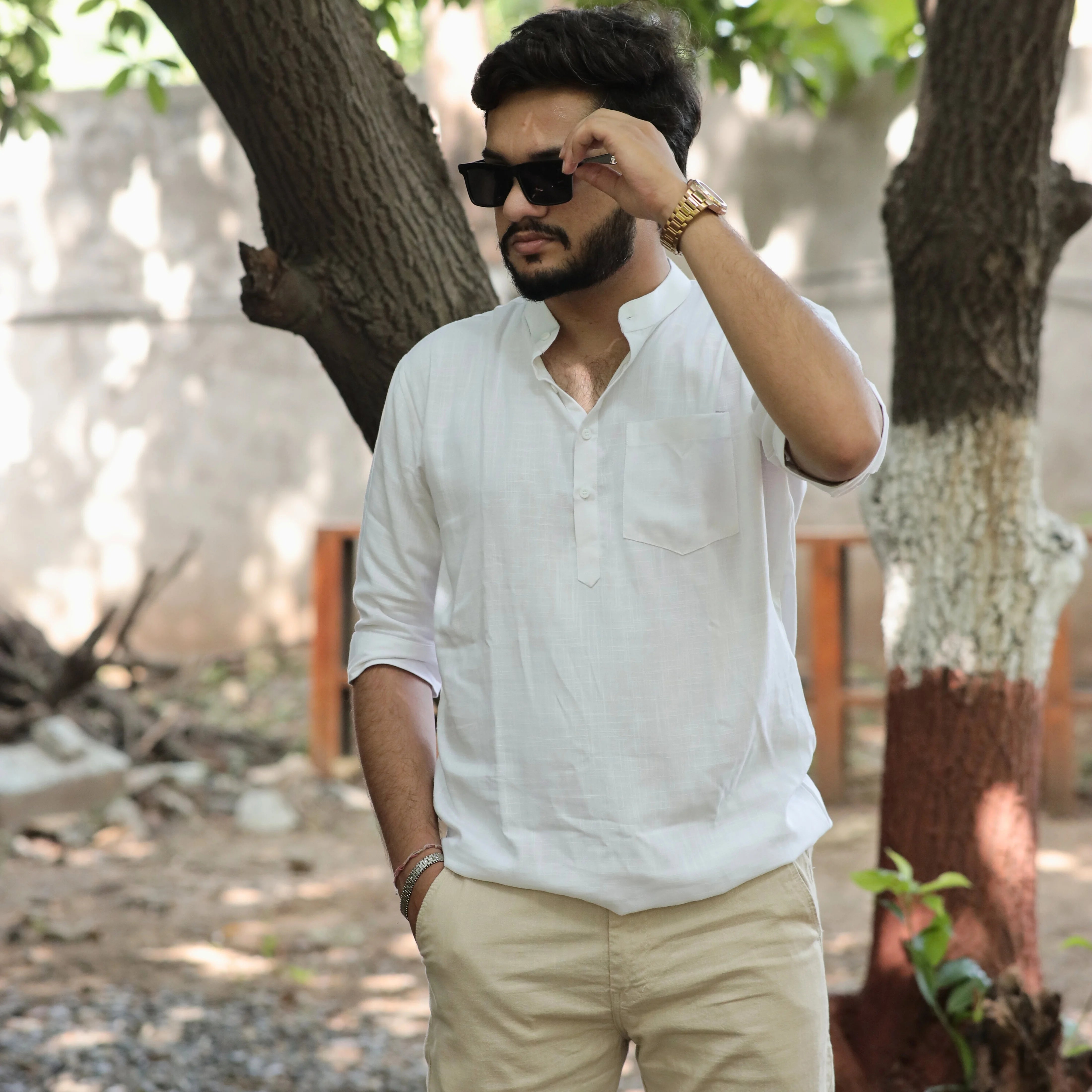 White Fancy Linen Dyed Kurta for Men with Band Collar & Pocket