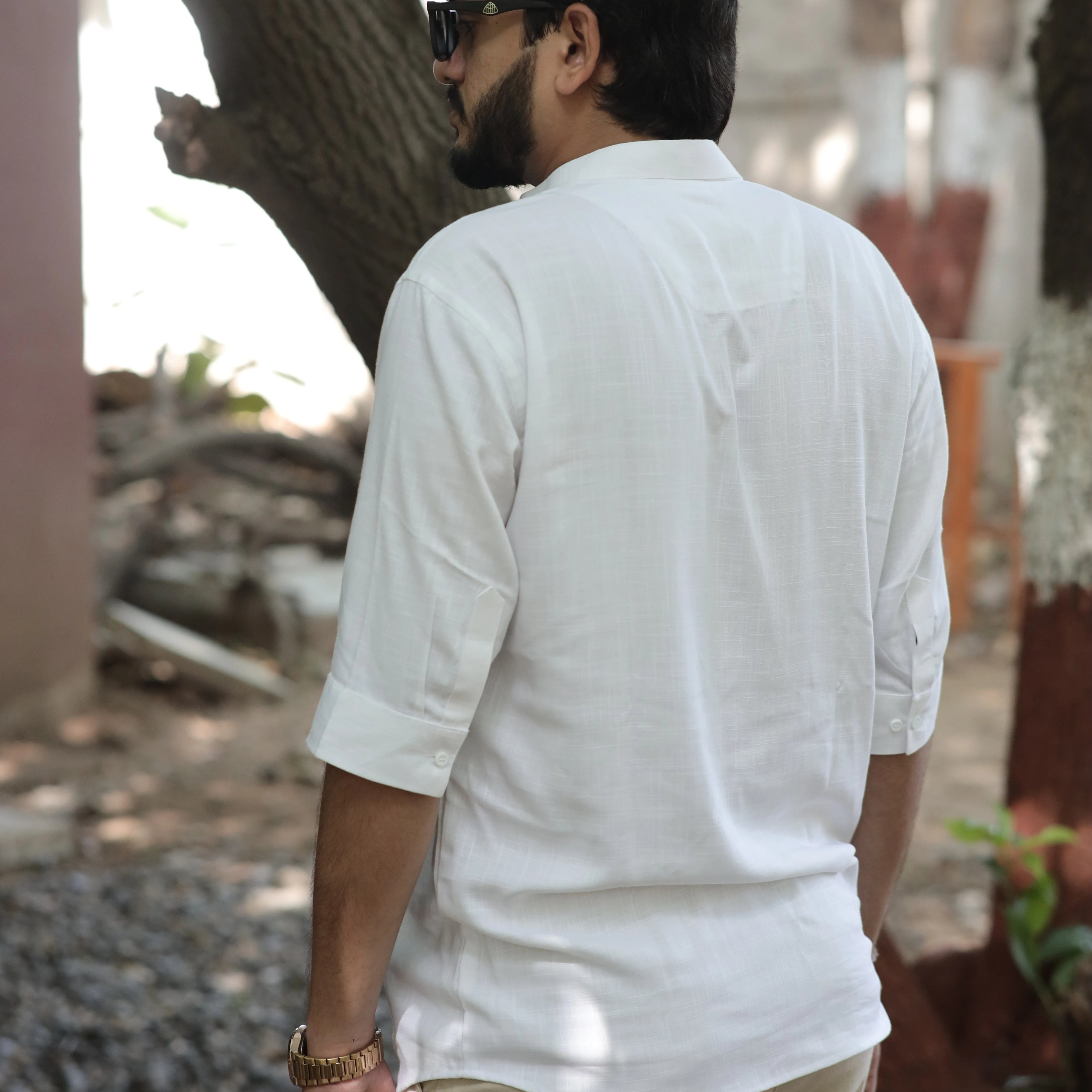 White Fancy Linen Dyed Kurta for Men with Band Collar & Pocket