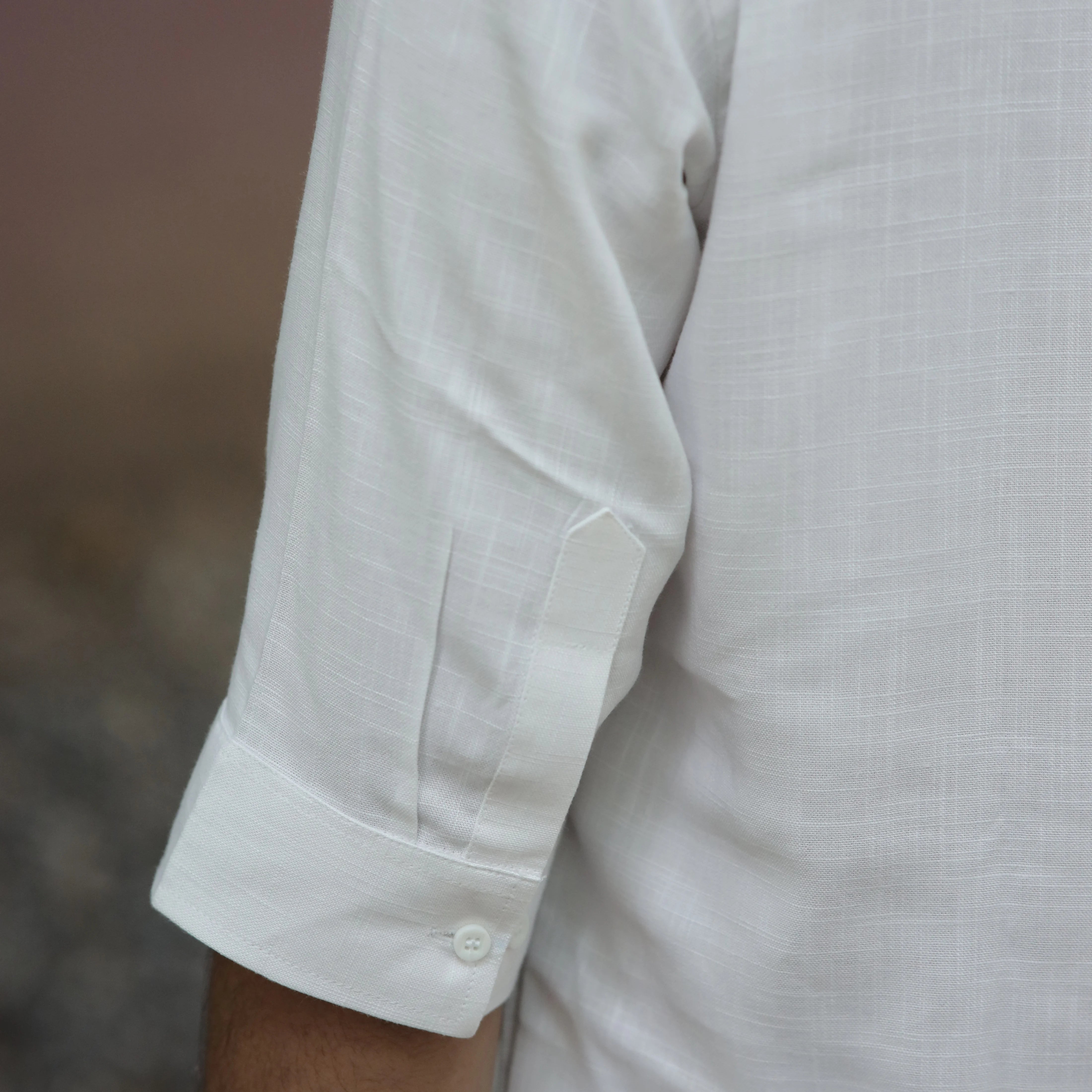 White Fancy Linen Dyed Kurta for Men with Band Collar & Pocket