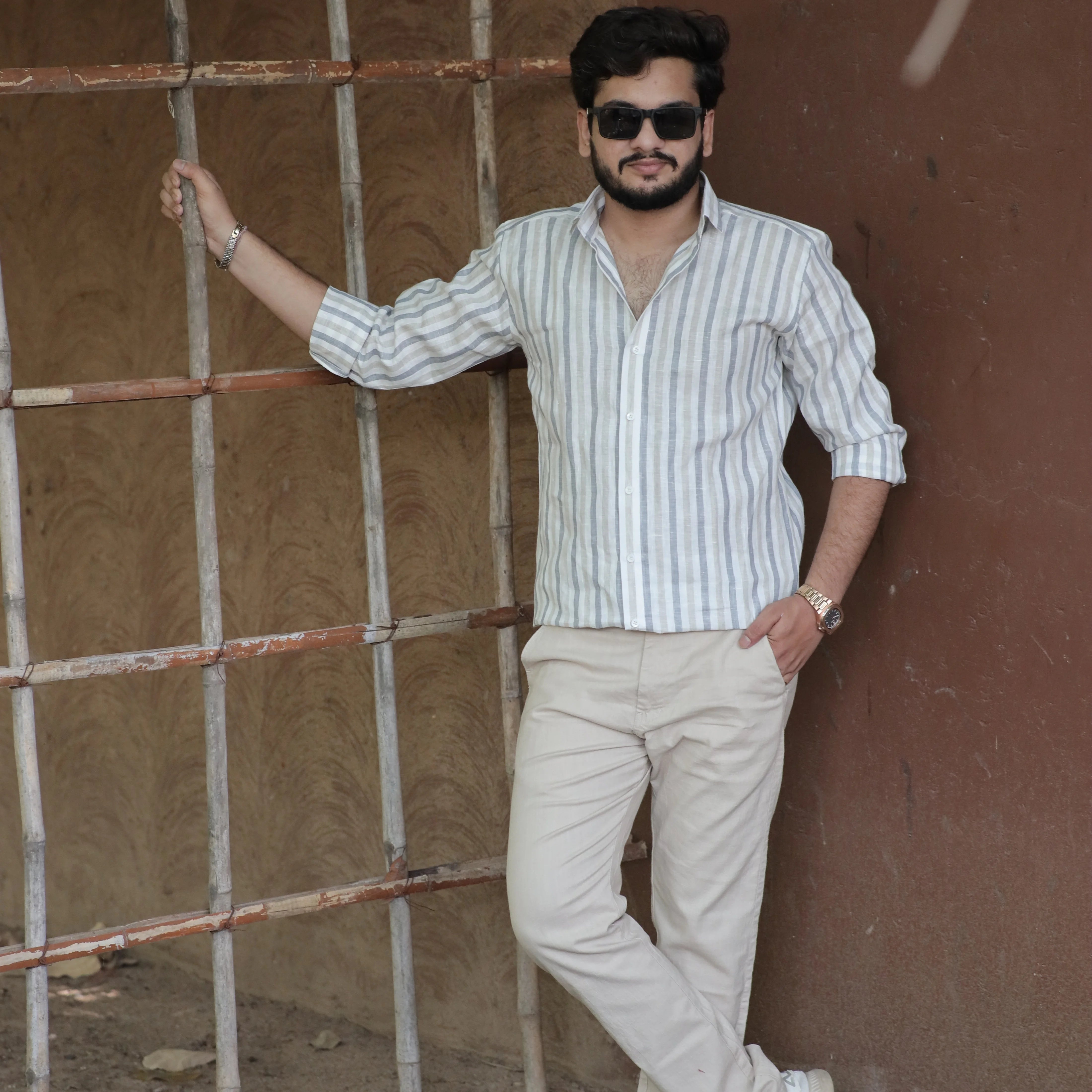 Everyday Pure Linen Striped Shirt Light Grey White – Regular Collar Full Sleeve