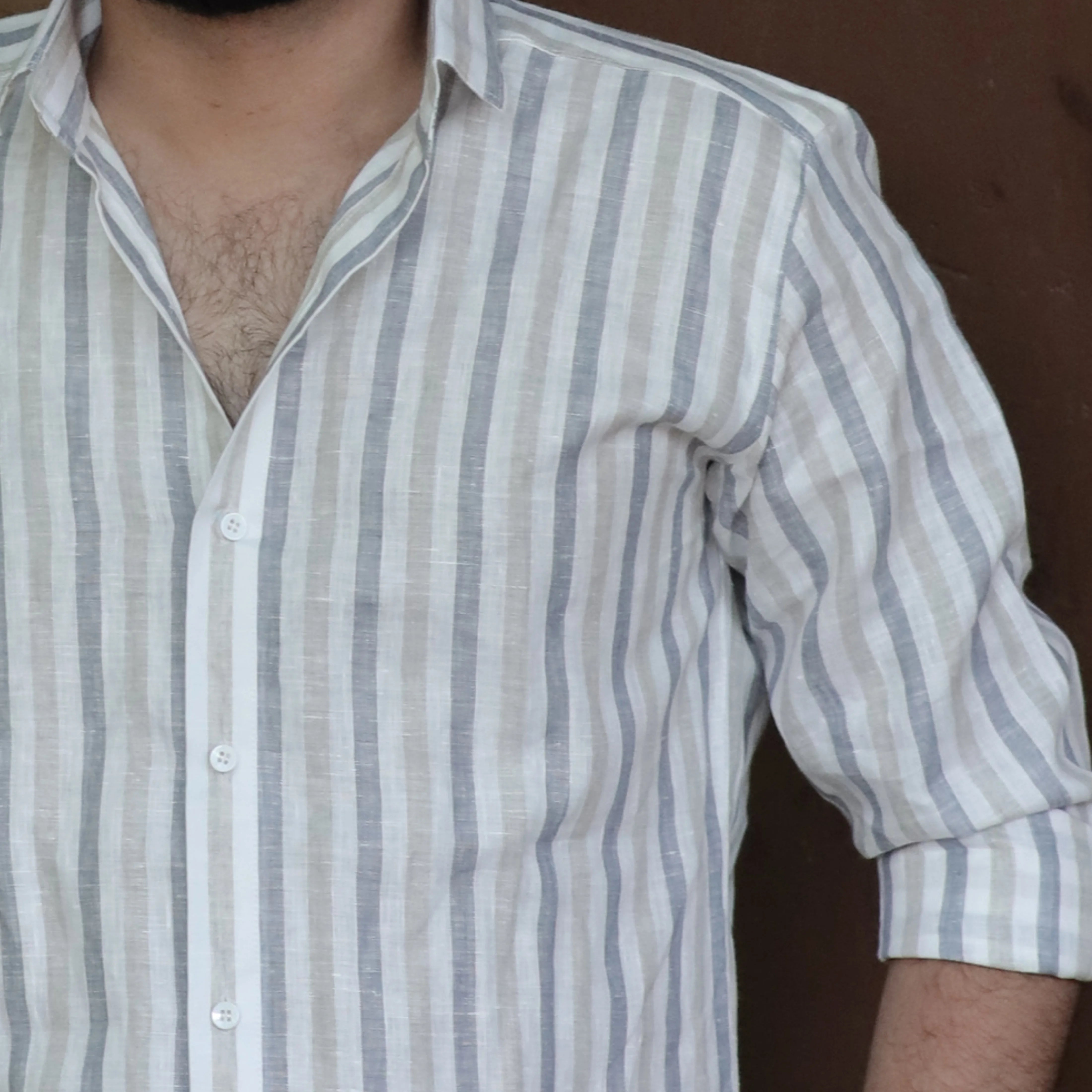 Everyday Pure Linen Striped Shirt Light Grey White – Regular Collar Full Sleeve