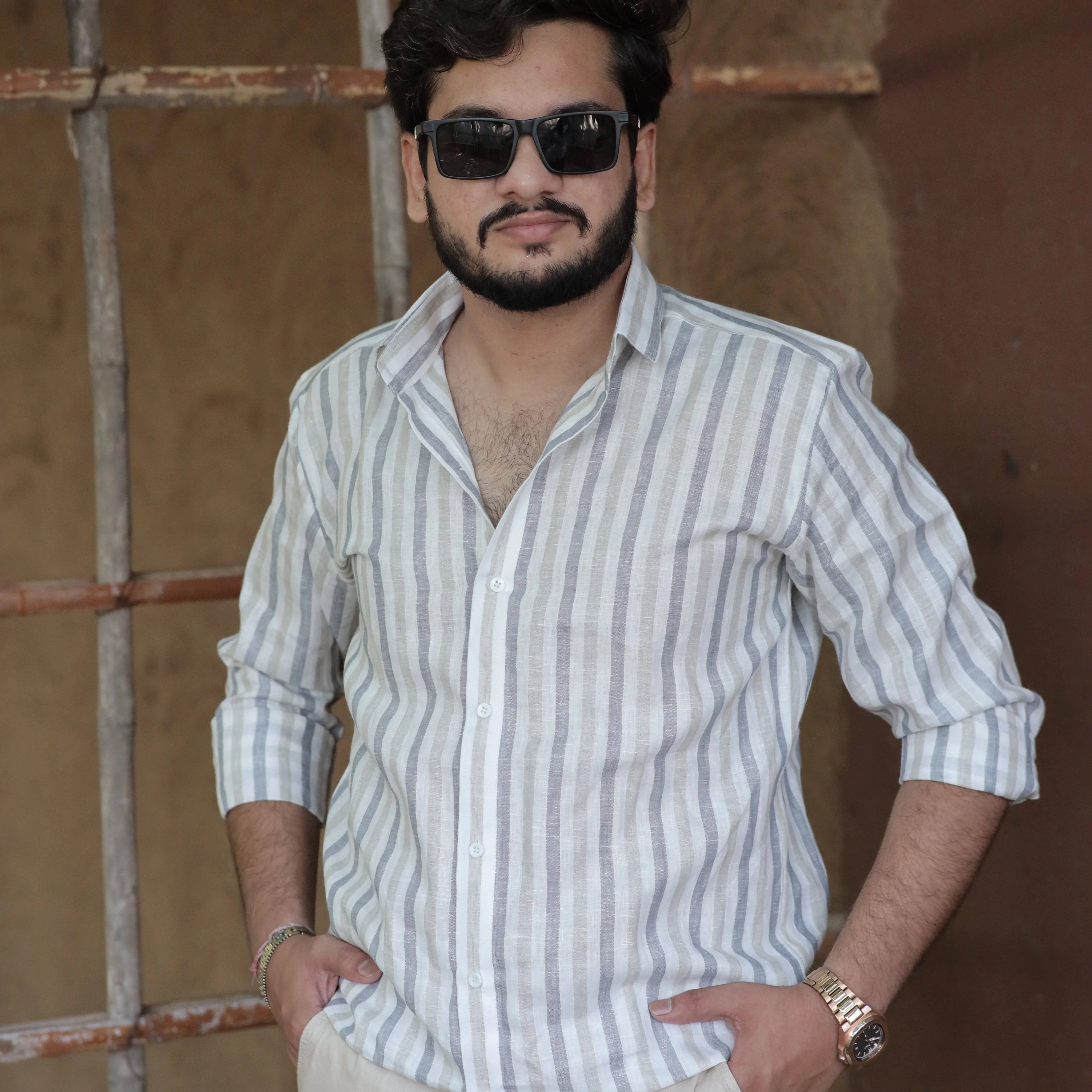 Everyday Pure Linen Striped Shirt Light Grey White – Regular Collar Full Sleeve