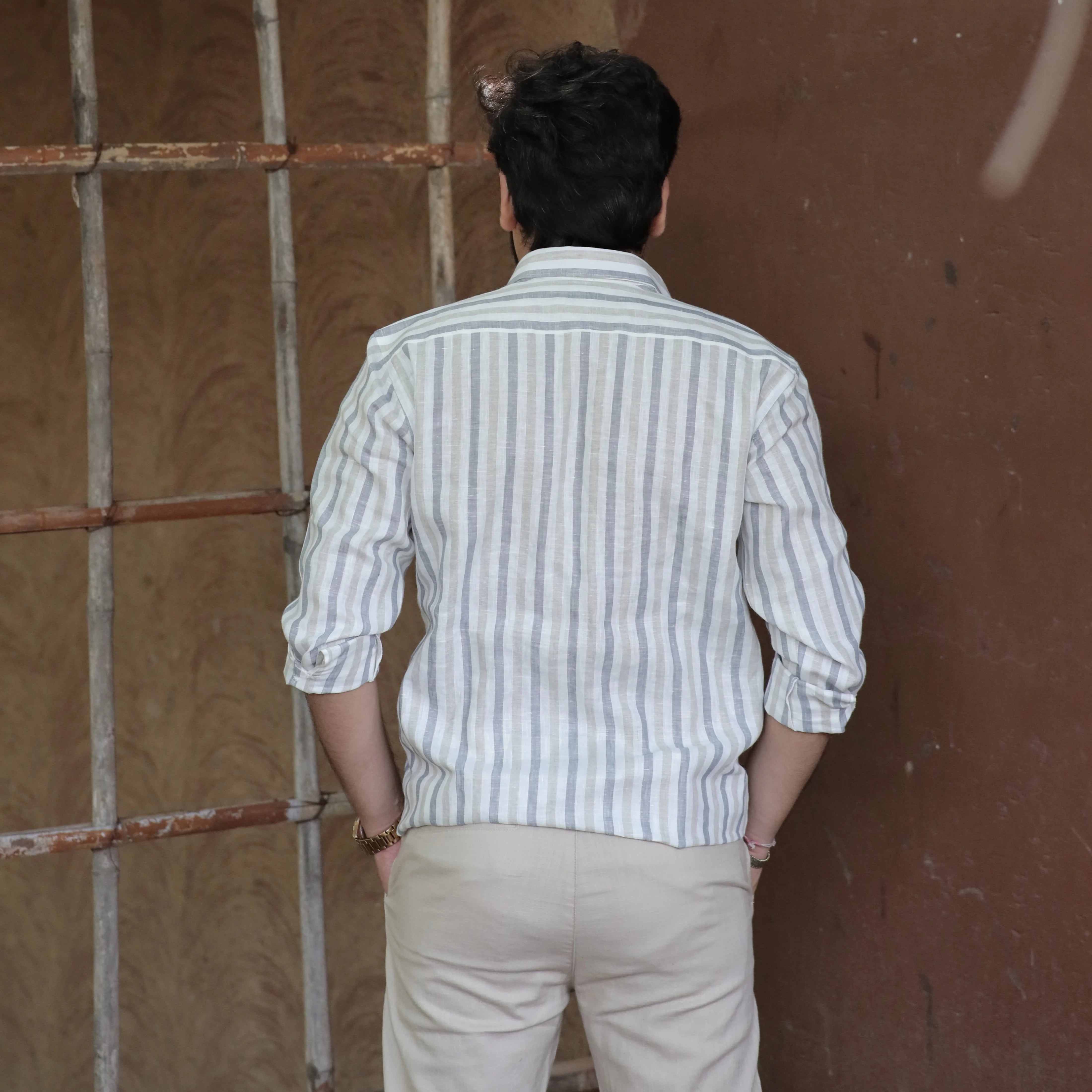 Everyday Pure Linen Striped Shirt Light Grey White – Regular Collar Full Sleeve
