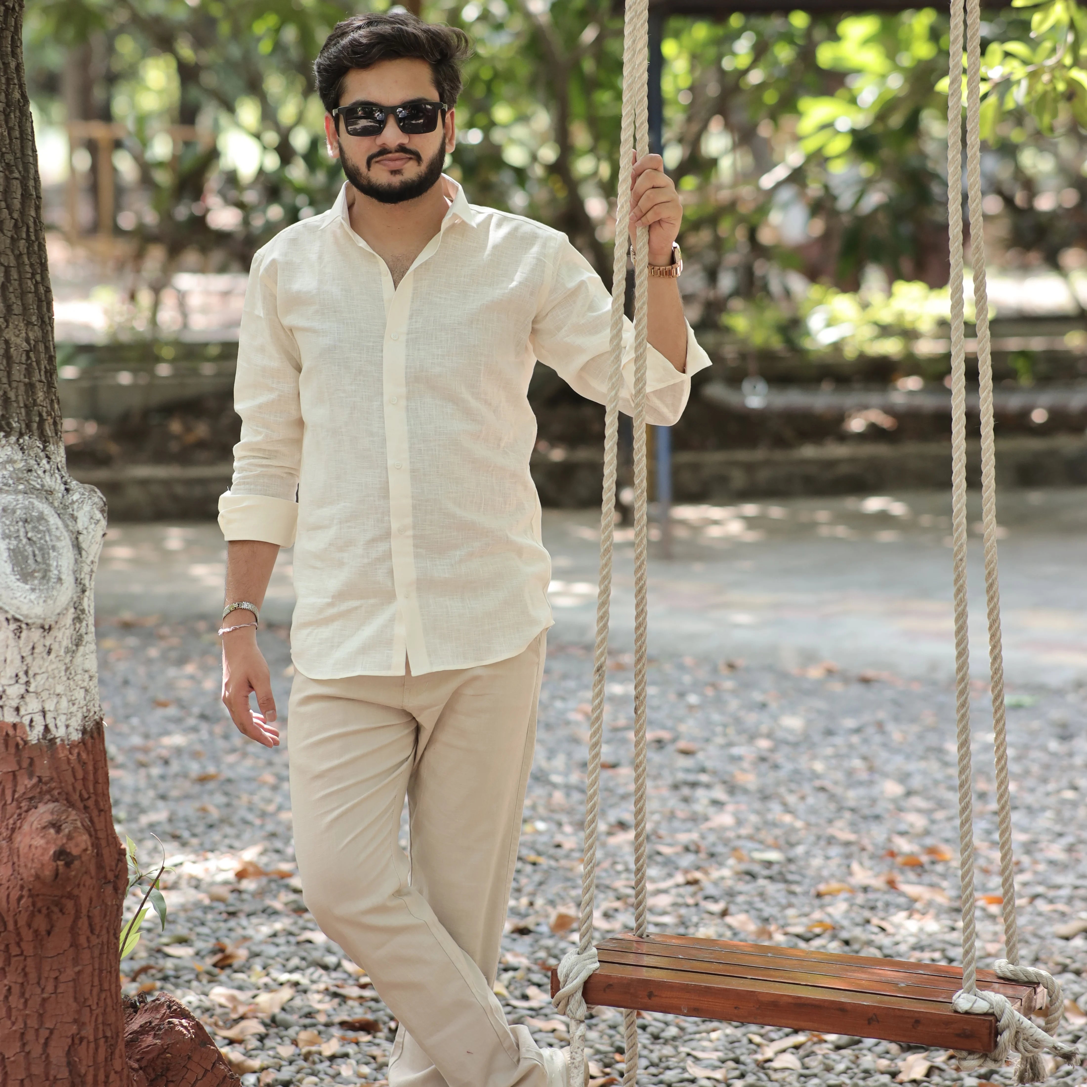 Beige Cotton Linen Shirt for Men – Full Sleeve Soft Breathable