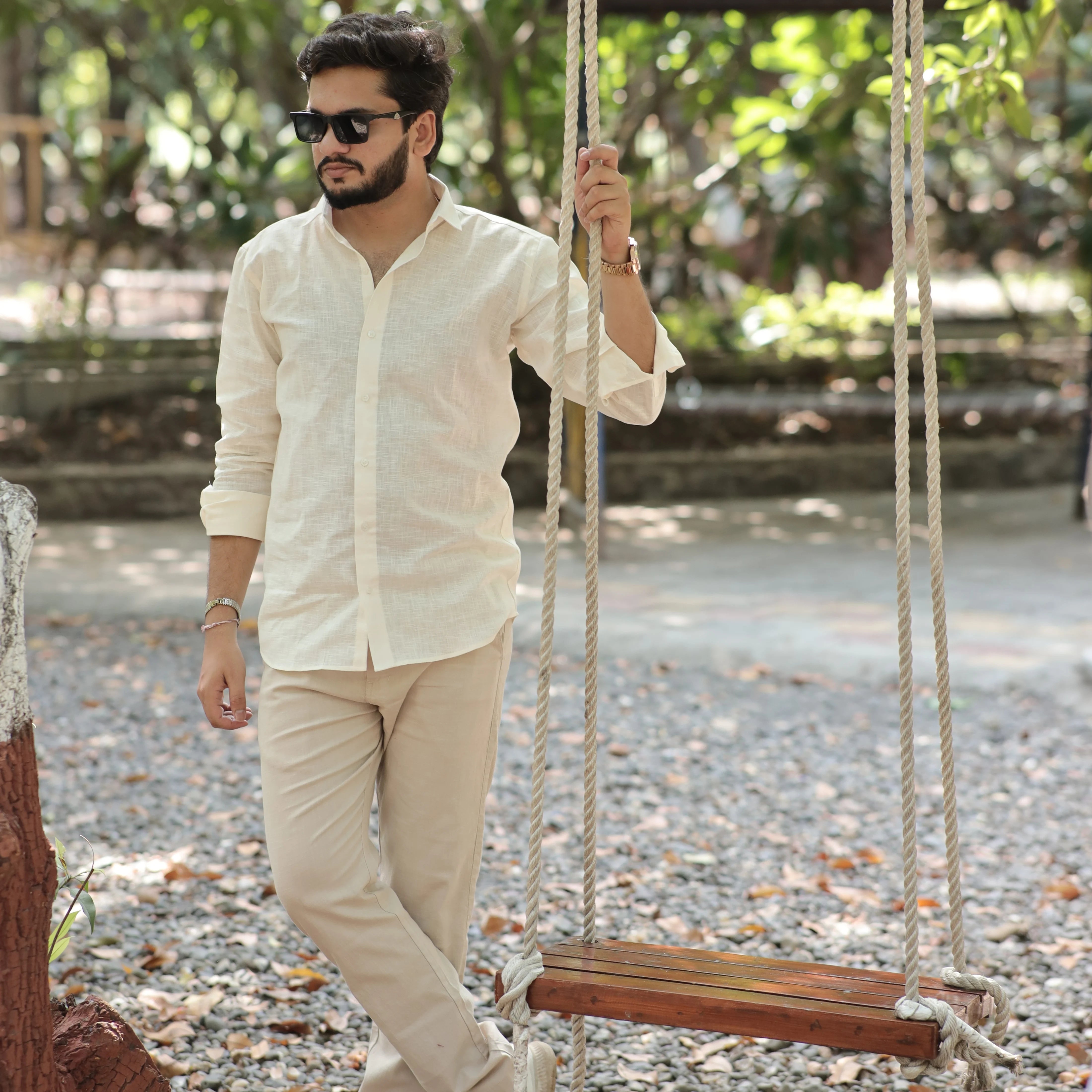 Beige Cotton Linen Shirt for Men – Full Sleeve Soft Breathable