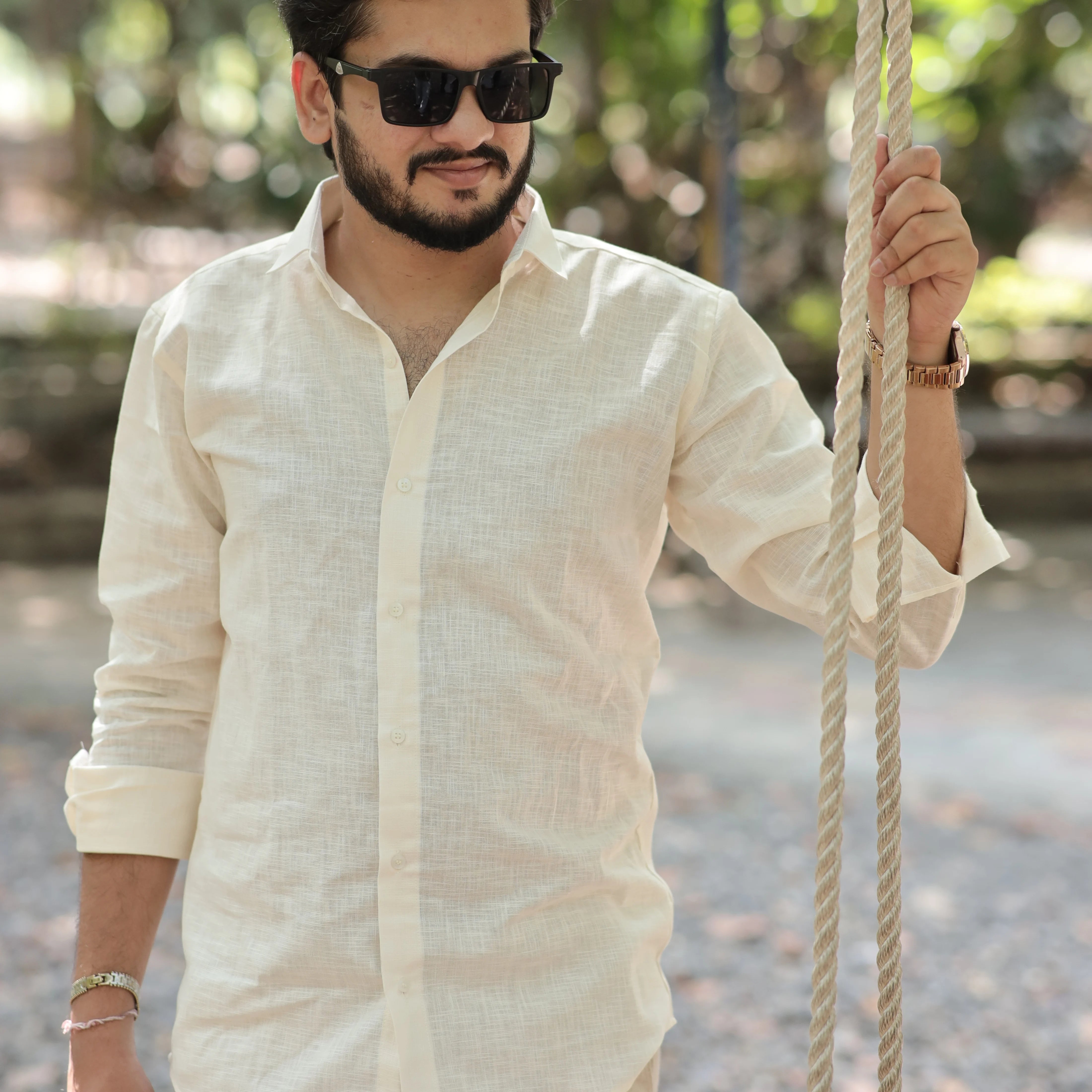 Beige Cotton Linen Shirt for Men – Full Sleeve Soft Breathable