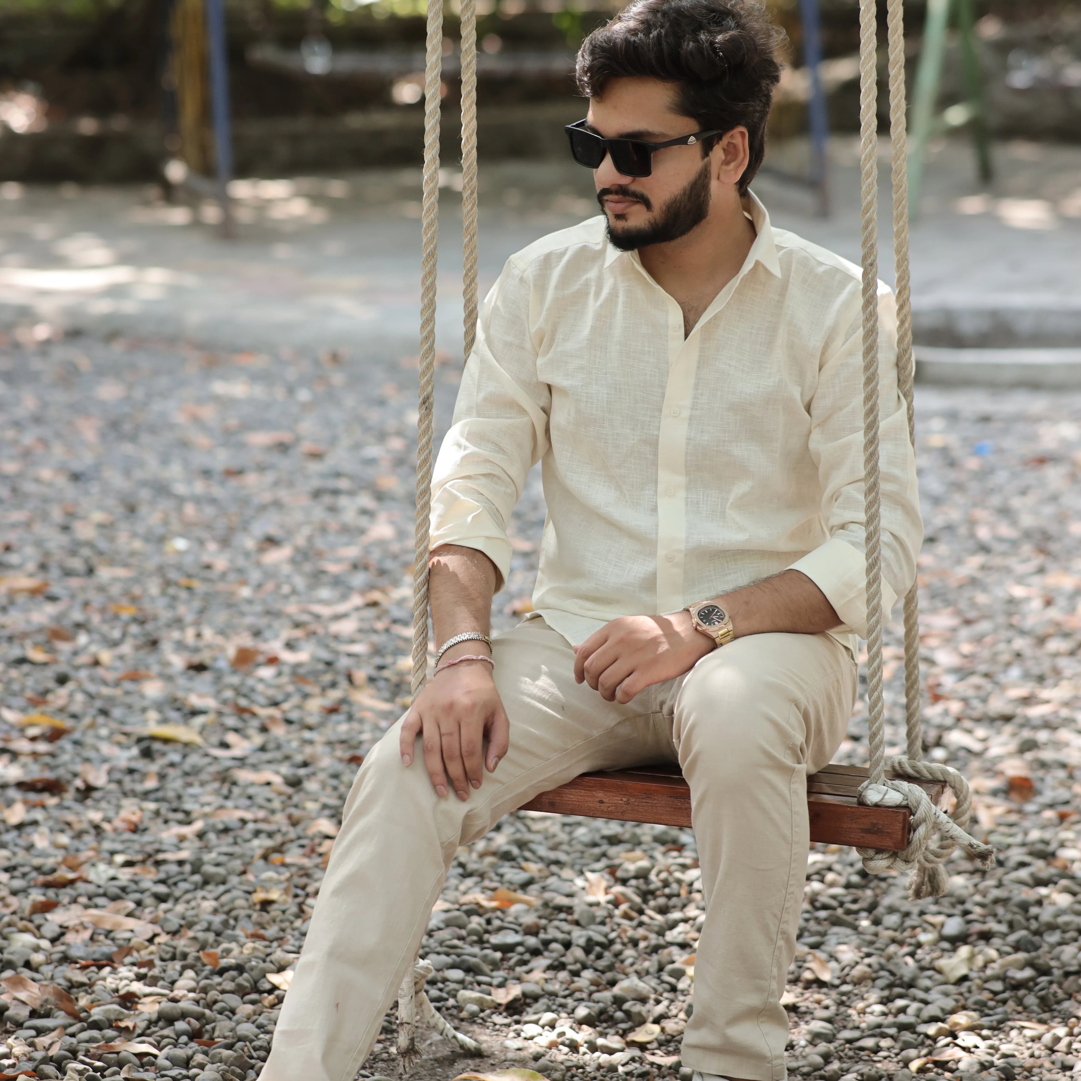 Beige Cotton Linen Shirt for Men – Full Sleeve Soft Breathable