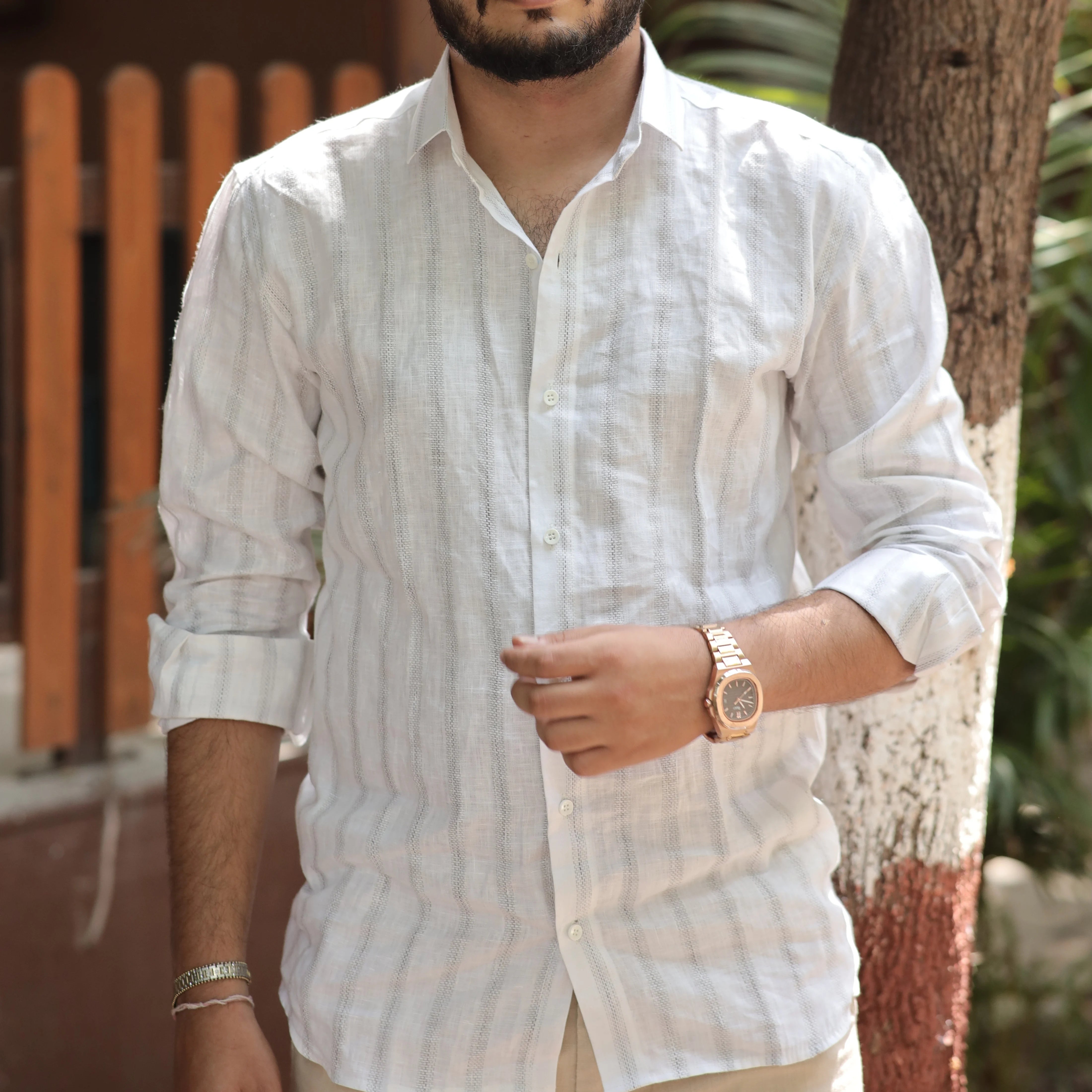 White Pure Linen Textured Shirt for Men – Breathable Casual Fit