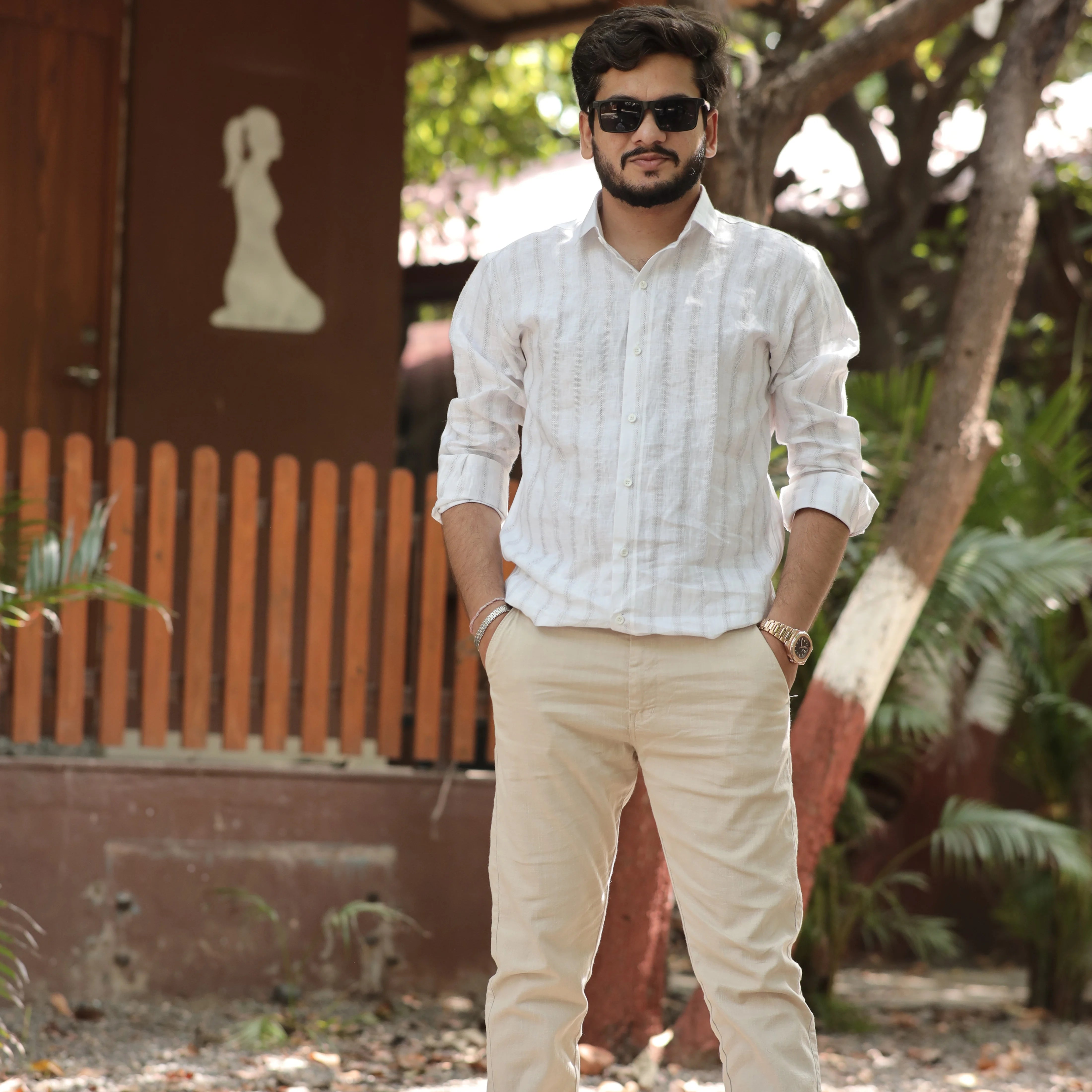 White Pure Linen Textured Shirt for Men – Breathable Casual Fit