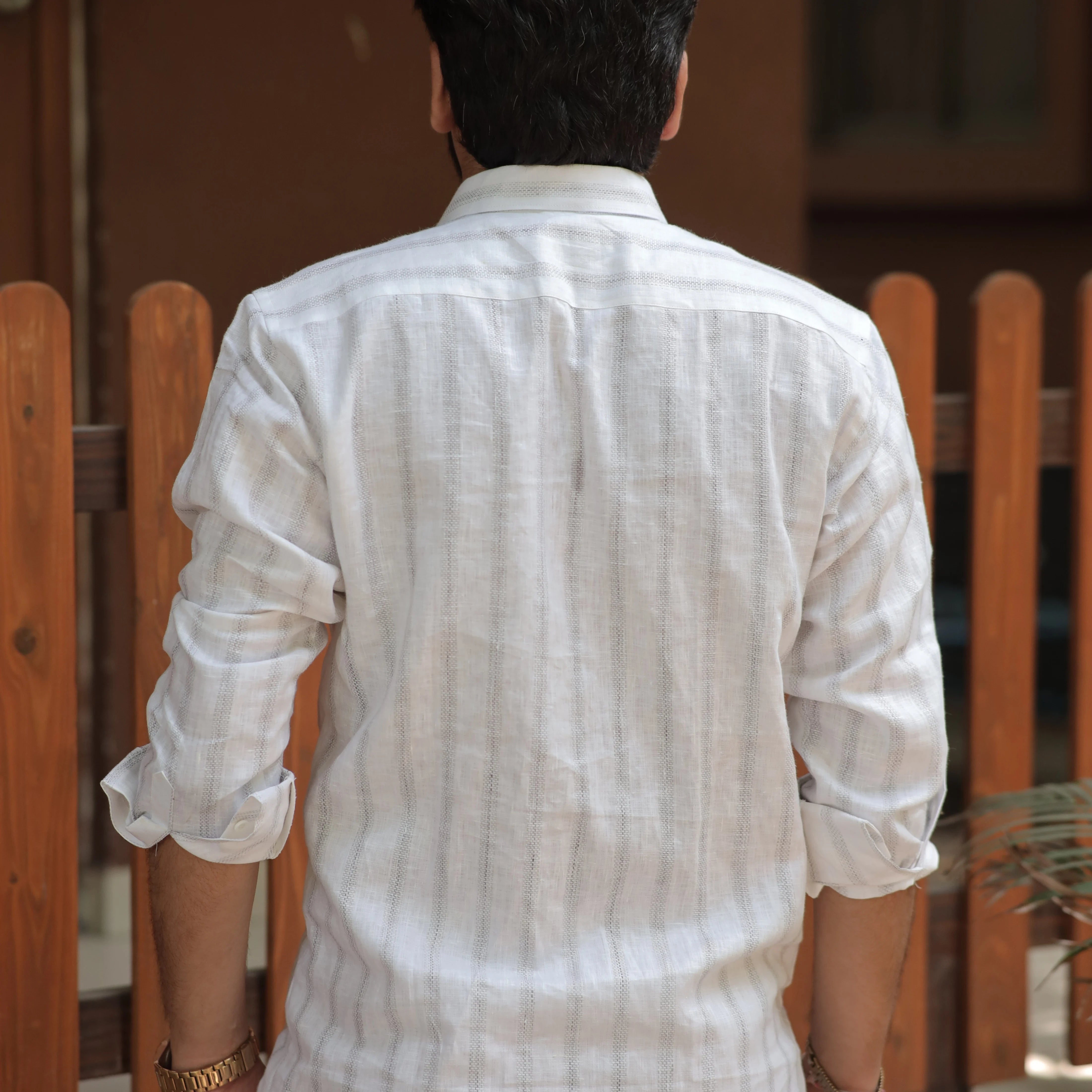 White Pure Linen Textured Shirt for Men – Breathable Casual Fit