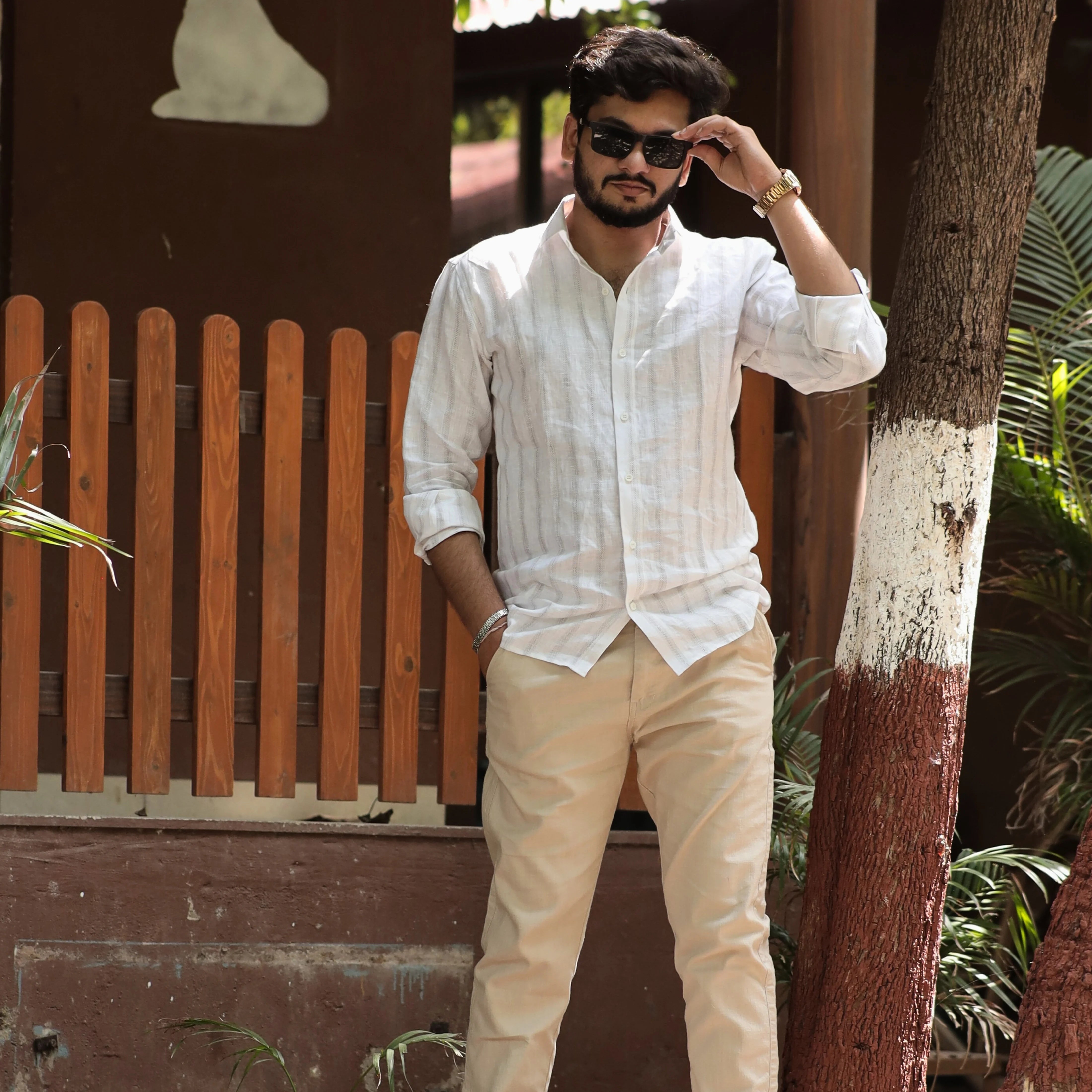 White Pure Linen Textured Shirt for Men – Breathable Casual Fit