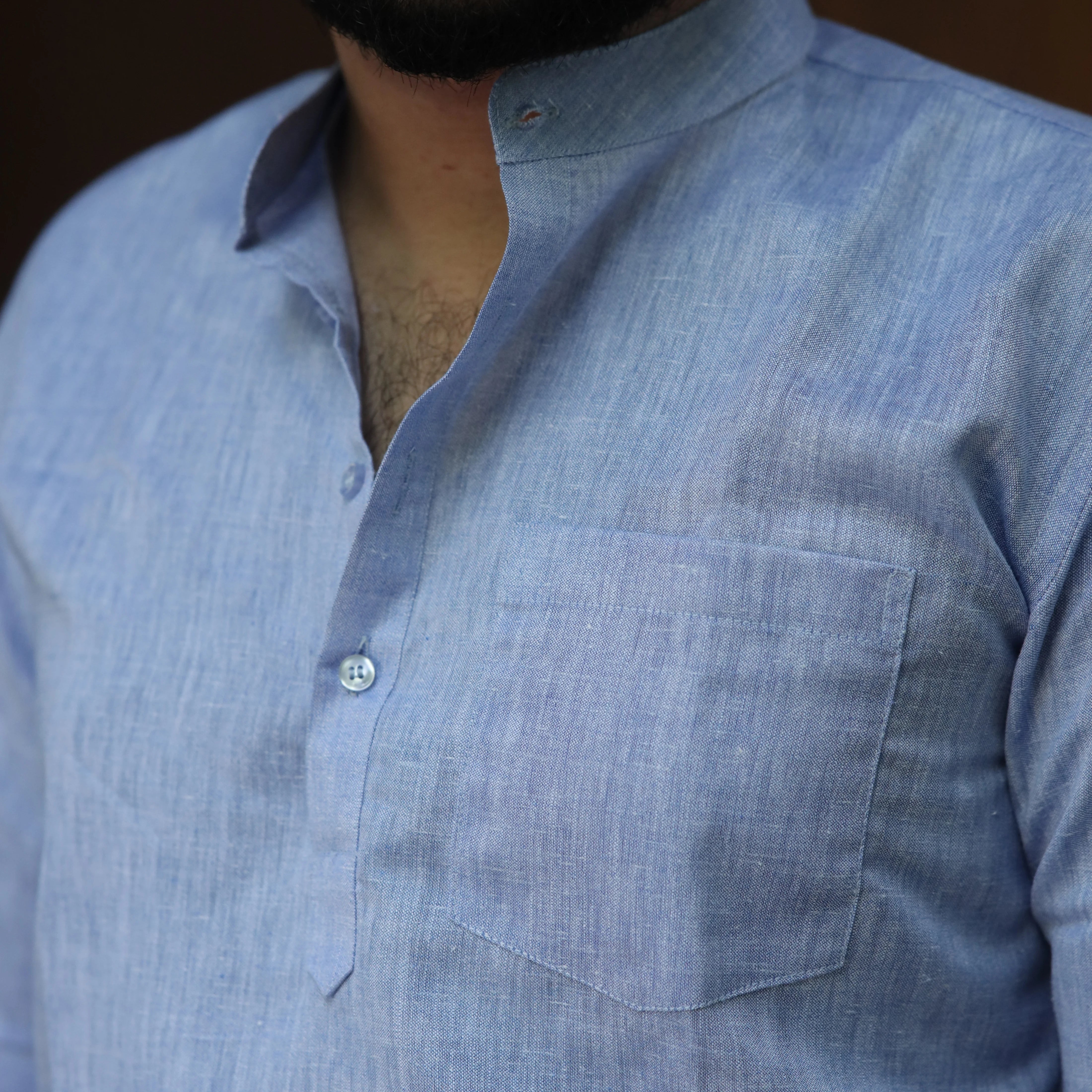 Light Blue Cotton Linen Kurta for Men with Band Collar & 3/4 Sleeves