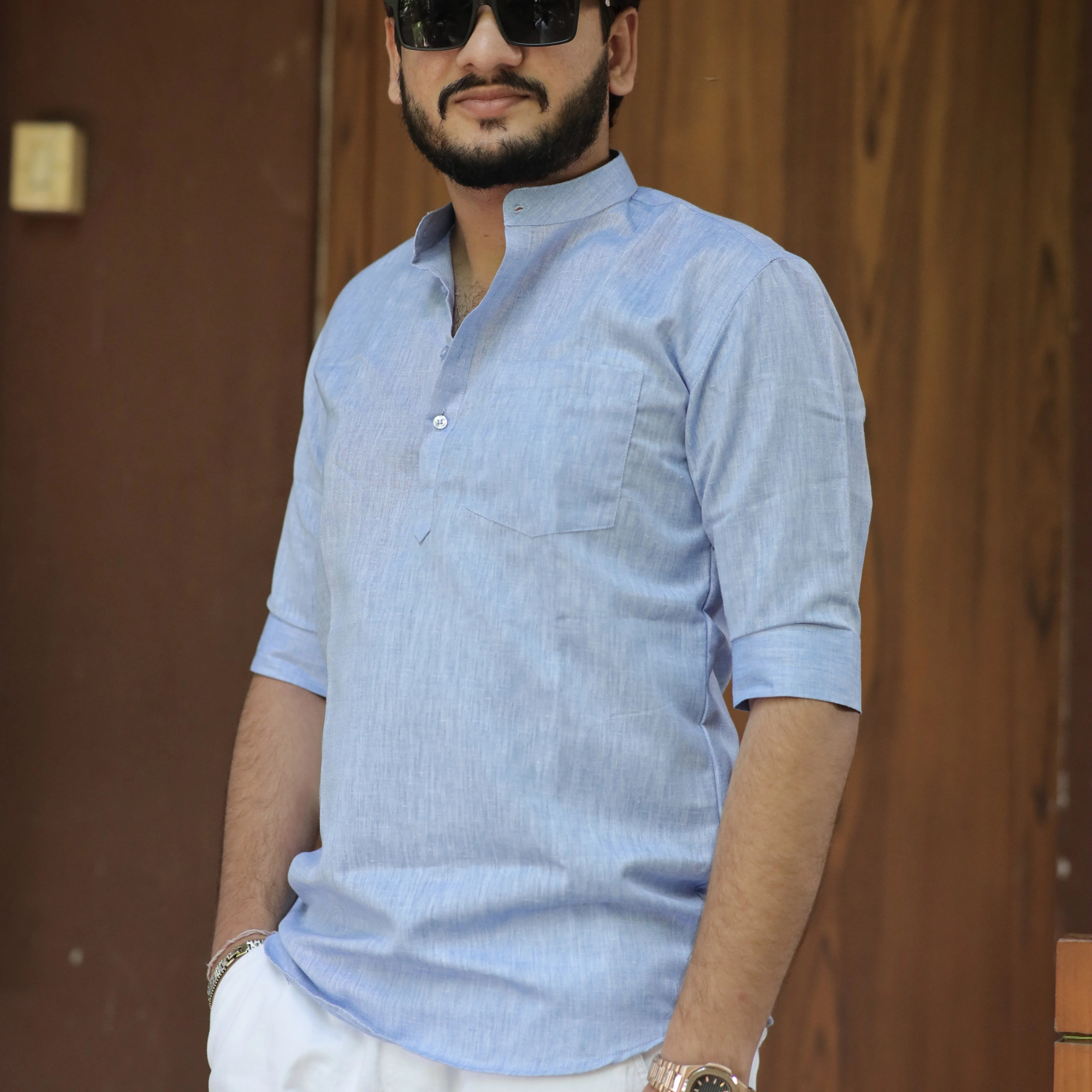 Light Blue Cotton Linen Kurta for Men with Band Collar & 3/4 Sleeves