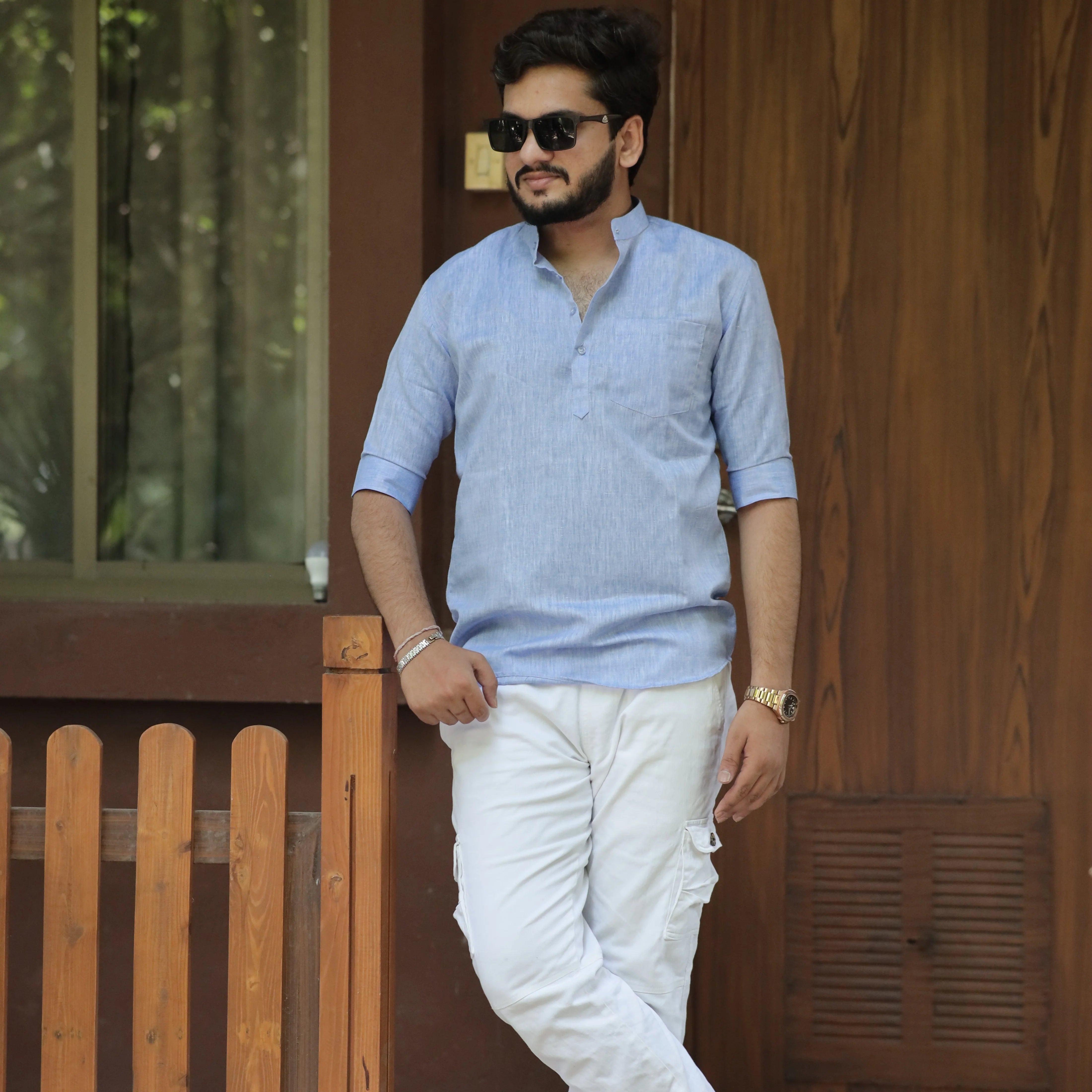 Light Blue Cotton Linen Kurta for Men with Band Collar & 3/4 Sleeves