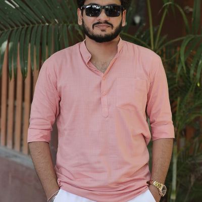 Light Pink Cotton Linen Half Sleeve Kurta for Men – Band Collar Pocket Style