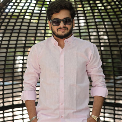 Peach Cotton Linen Button Down Collar Shirt for Men – Full Sleeve Formal Fit