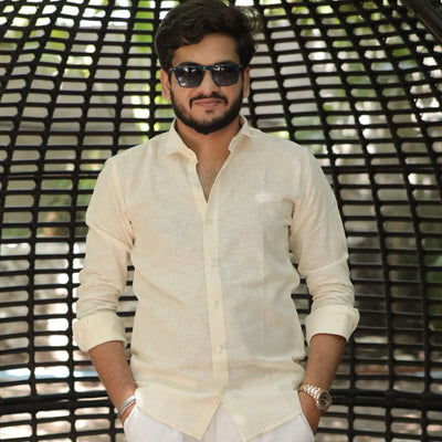 Beige Cotton Linen Spread Collar Shirt for Men – Full Sleeve Casual Wear