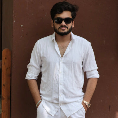 Men's White Fancy Linen Shirt Full Sleeve Everyday