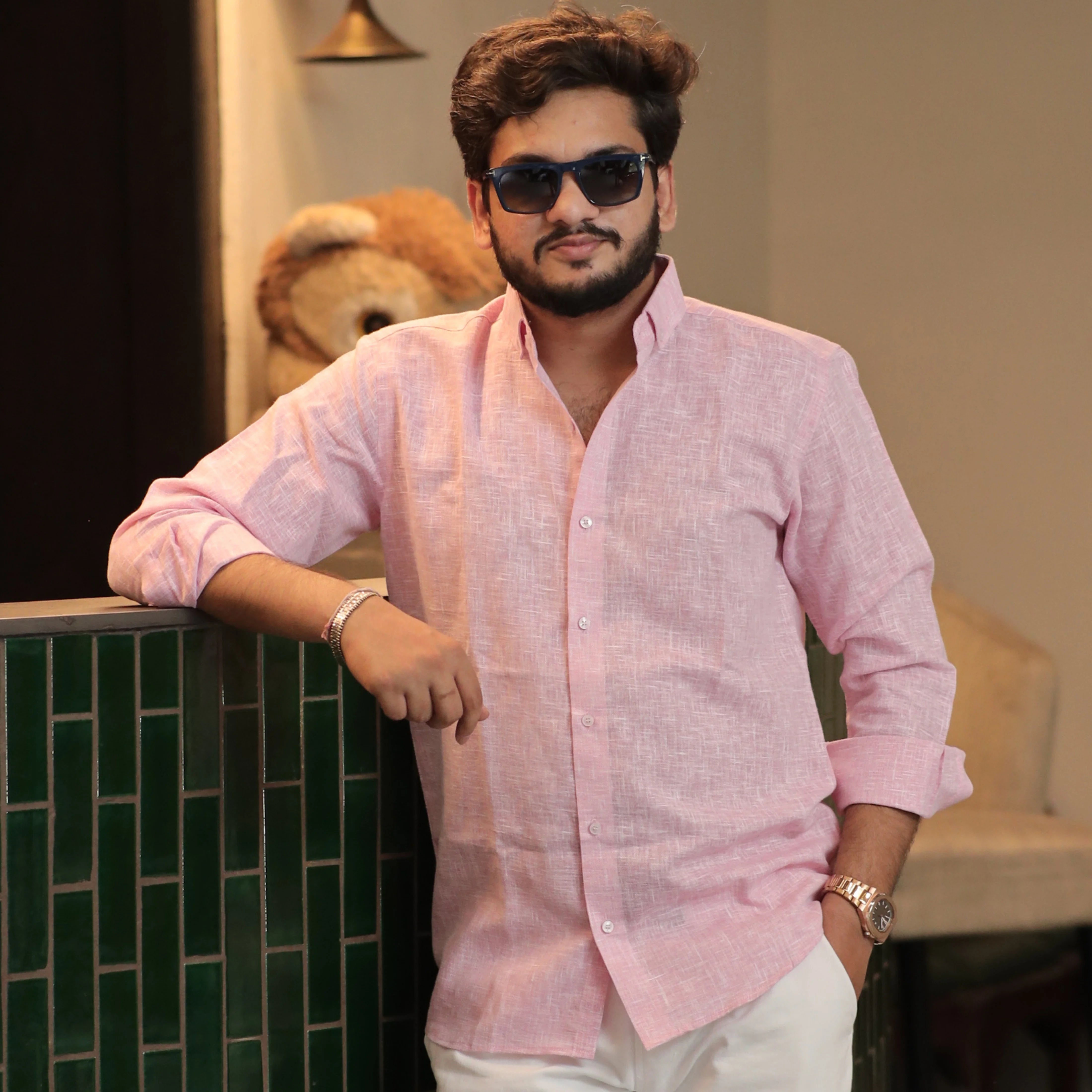 Cotton Linen Shirt Light Pink with Button Down Collar – Breathable Resort Wear
