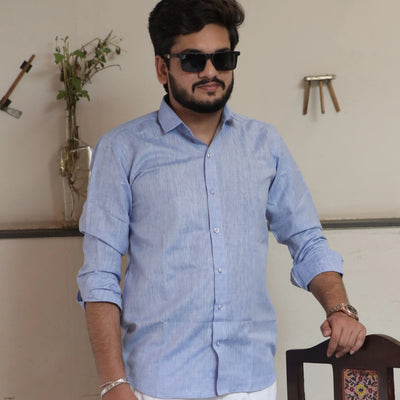 Light Blue Spread Collar Cotton Linen Blend Shirt Casual Formal Full Sleeve