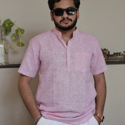 Pink Italian Linen Short Sleeve Kurta - Band Collar