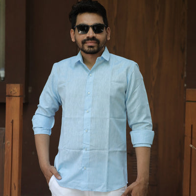 Light Blue Cotton Linen Shirt for Men – Full Sleeve Slim Fit Casual Wear