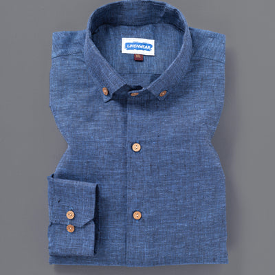Blue Textured Pure Linen Shirt Full Sleeve Casual Beachwear Look